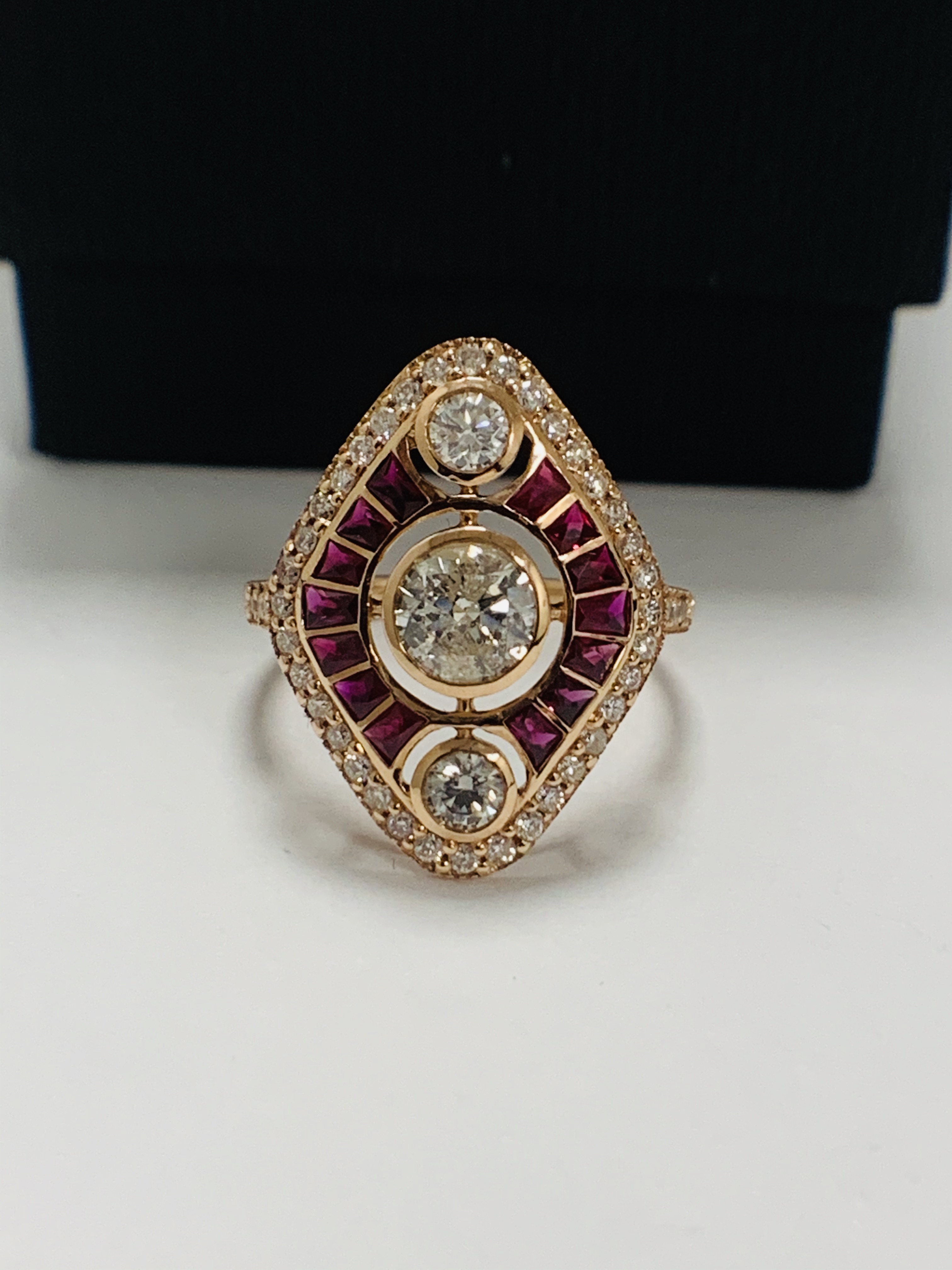 14ct Rose Gold Ruby and Diamond ring featuring centre, round brilliant cut Diamond (0.51ct), bezel s - Image 8 of 10