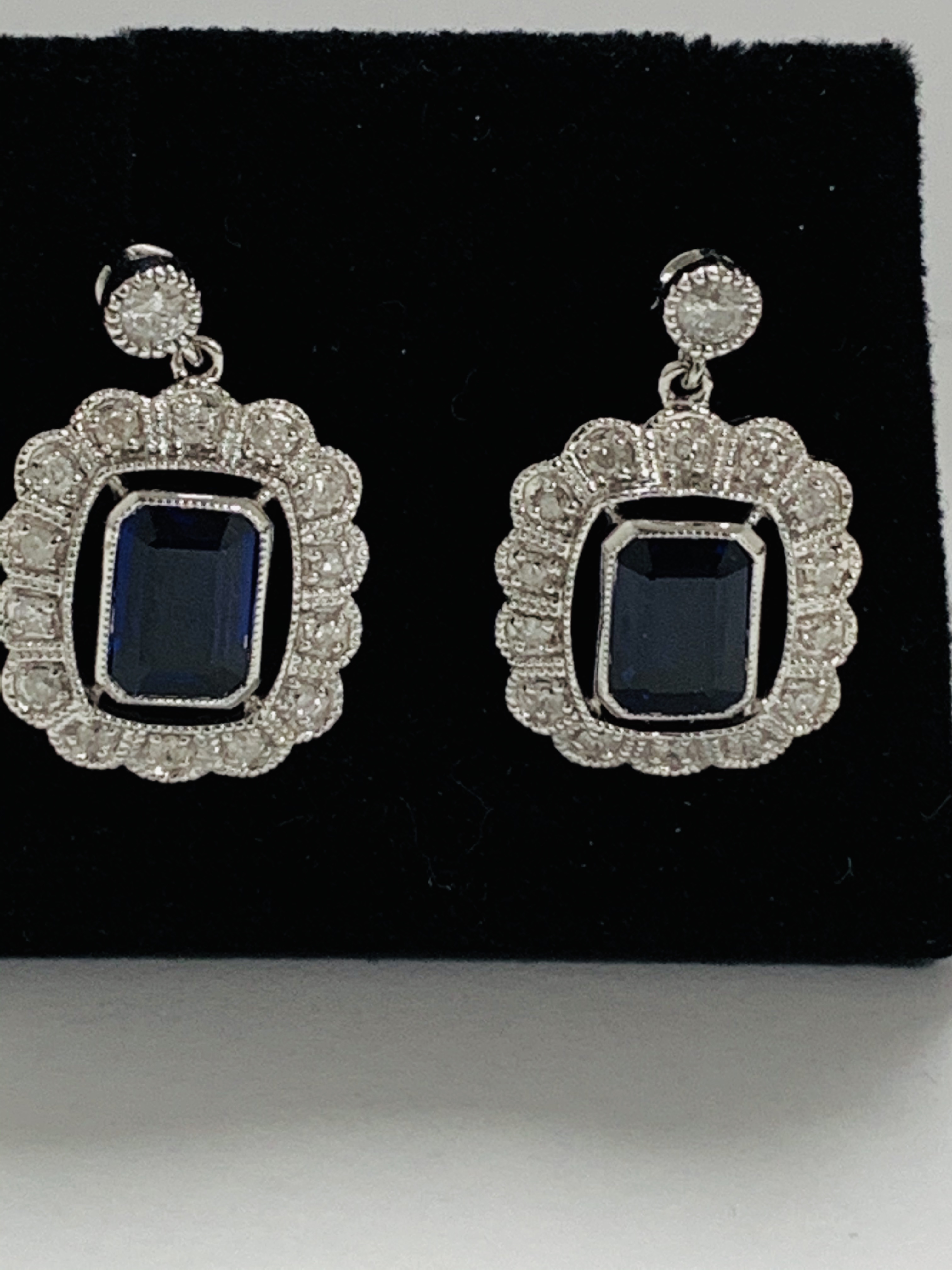 14ct White Gold Sapphire and Diamond earrings featuring, 2 cushion cut, blue Sapphires (2.24ct TSW), - Image 8 of 13