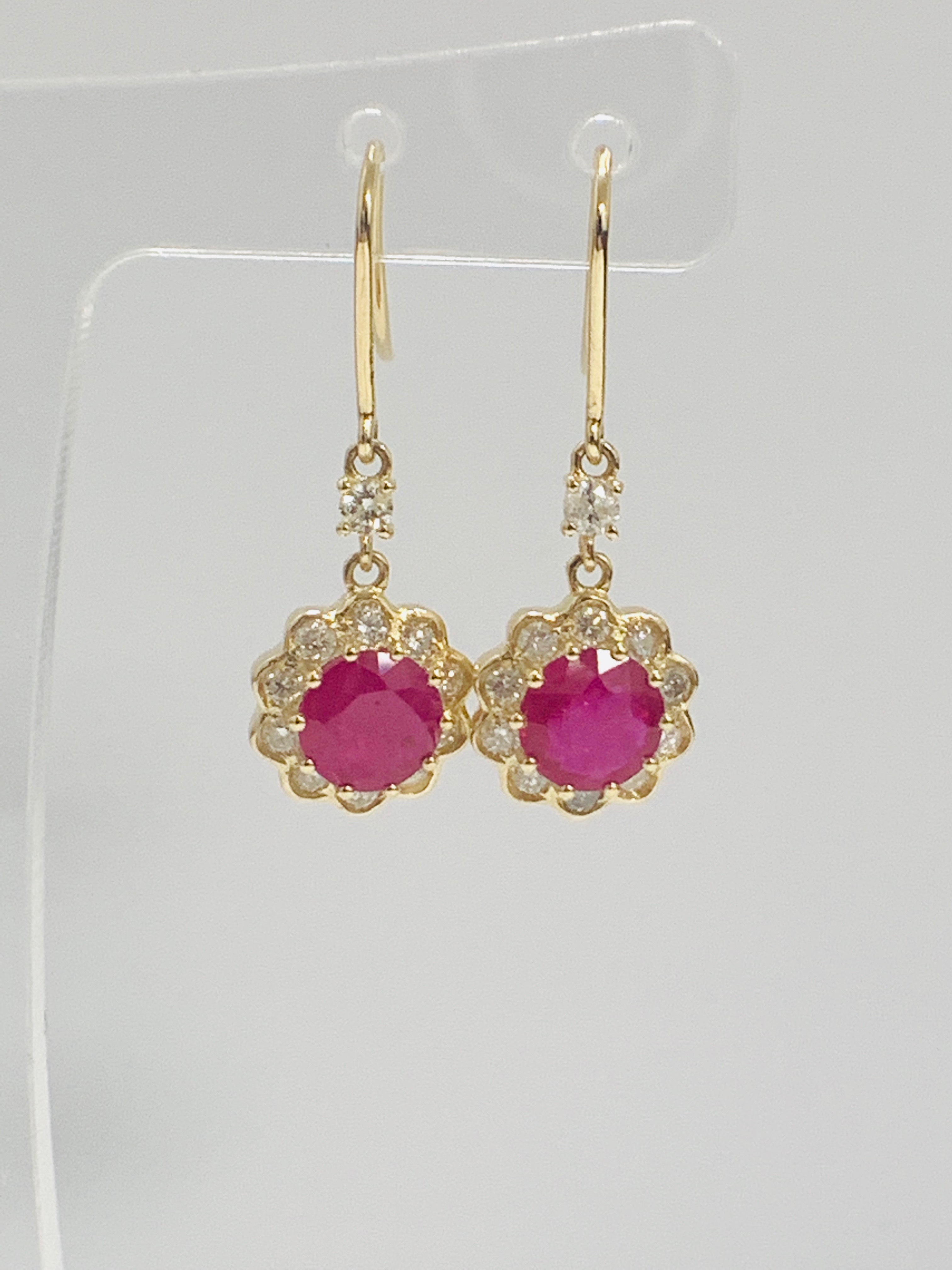 14ct Yellow Gold Ruby and Diamond earrings featuring, 2 round cut, red Rubies (2.22ct TSW) - Image 4 of 8