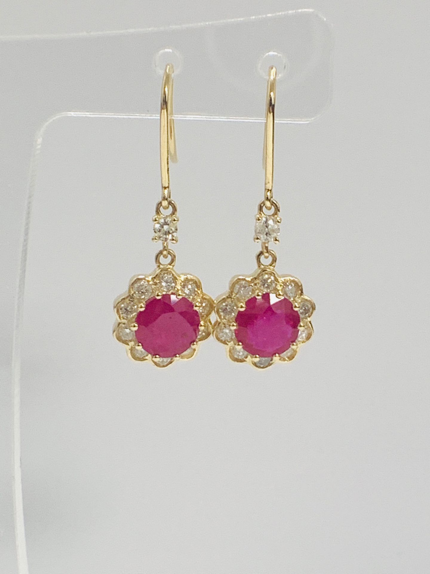 14ct Yellow Gold Ruby and Diamond earrings featuring, 2 round cut, red Rubies (2.22ct TSW) - Image 4 of 8