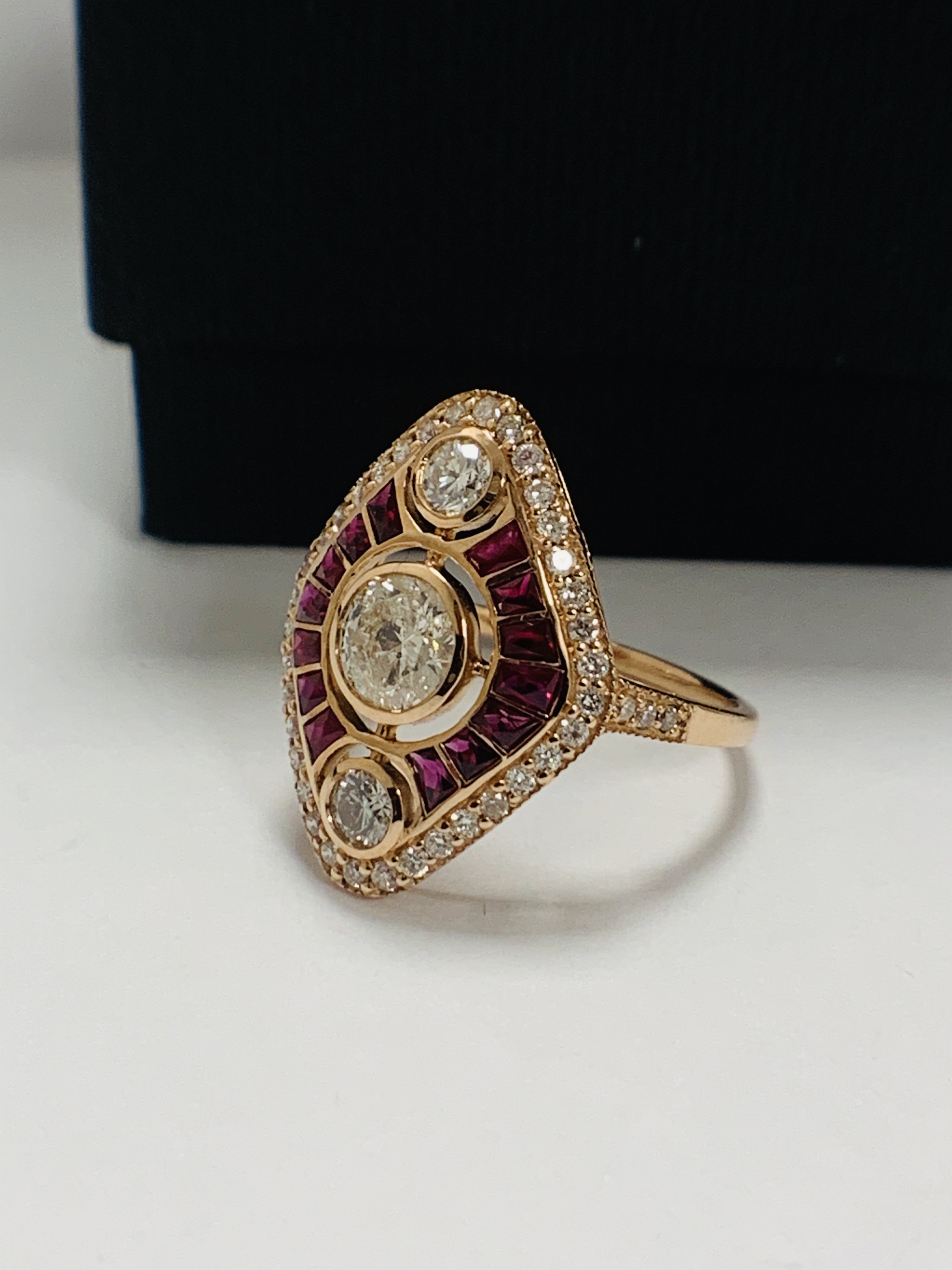 14ct Rose Gold Ruby and Diamond ring featuring centre, round brilliant cut Diamond (0.51ct), bezel s - Image 2 of 10