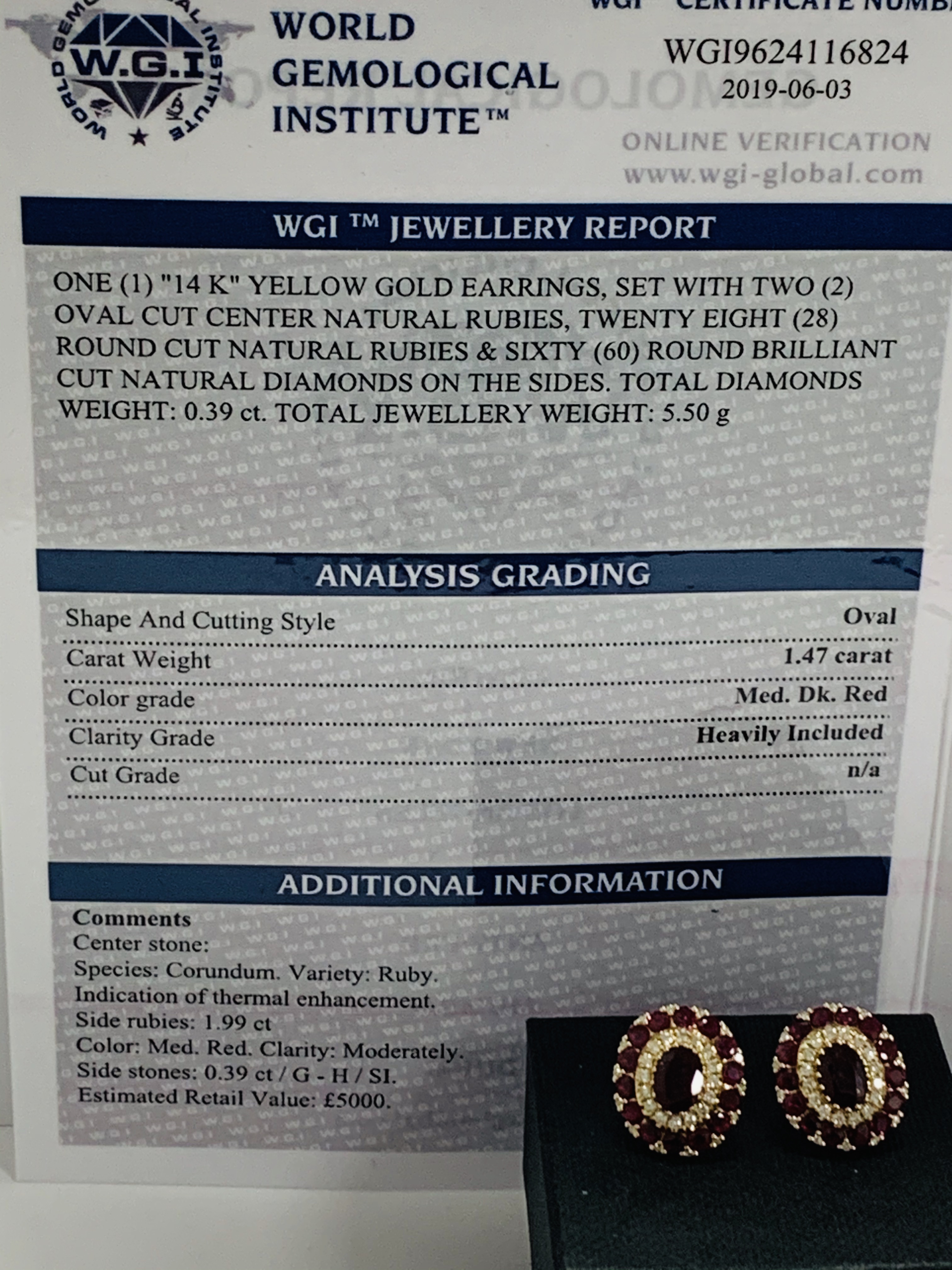 14ct Rose Gold Ruby and Diamond stud earrings featuring, 2 oval cut Rubies (1.47ct TSW), claw set, w - Image 11 of 12