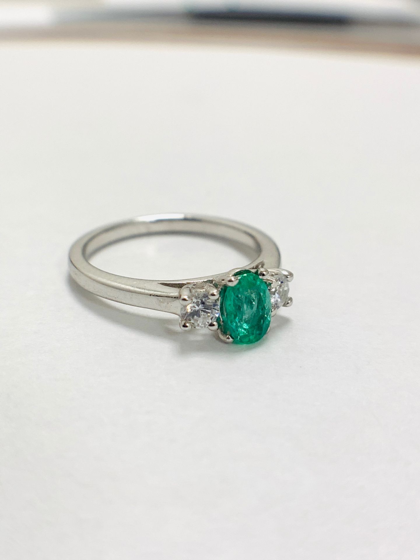 Platinum Diamond Emerald Three Stone Ring, - Image 6 of 10