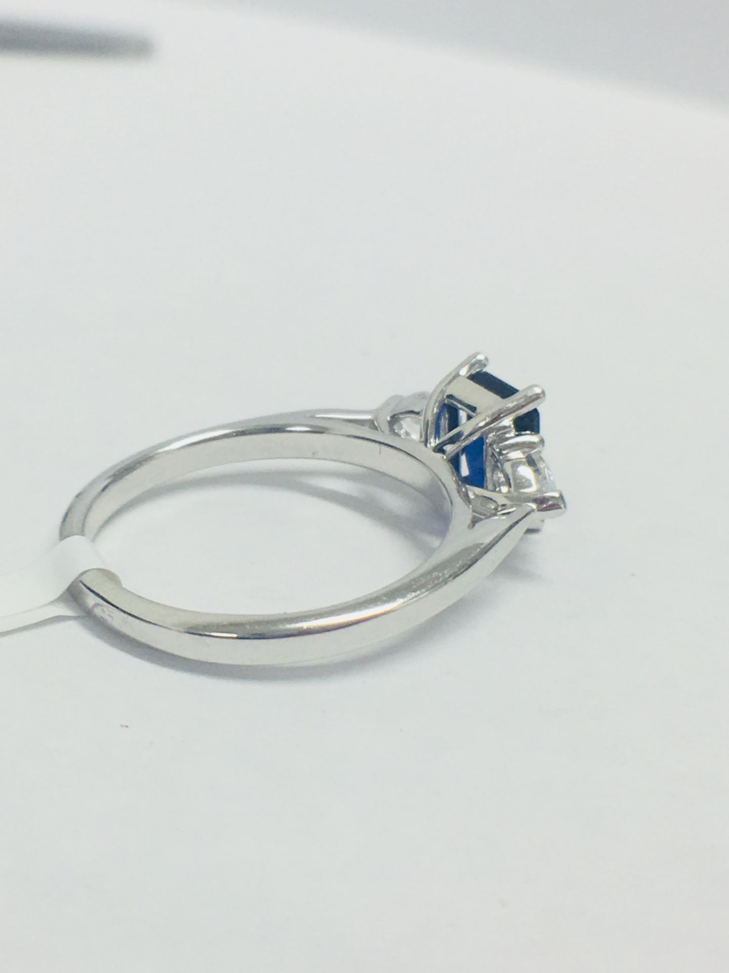 Platinum Sapphire Diamond Three Stone Ring, - Image 5 of 7