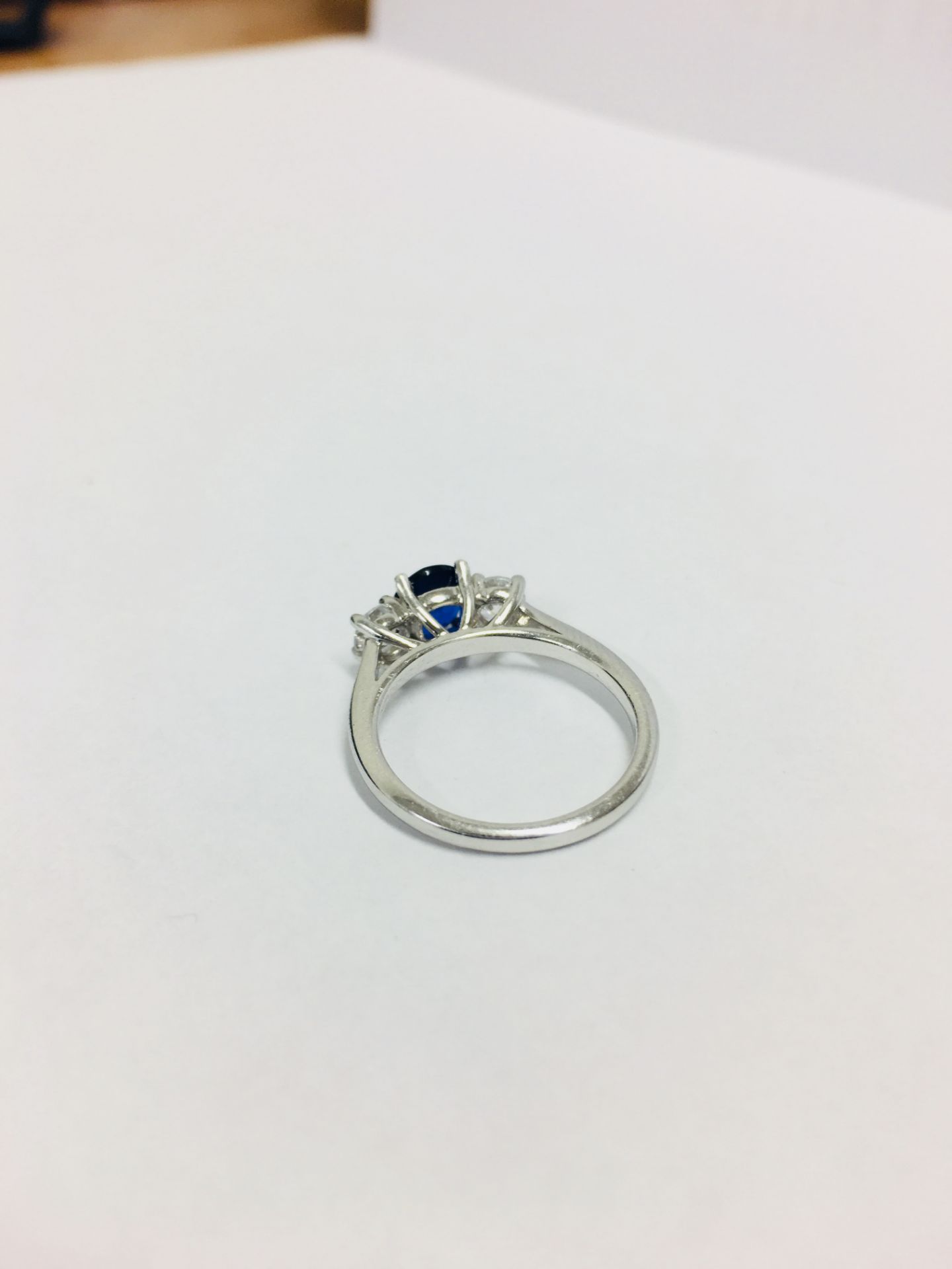 Platinum Diamond Sapphire Three Stone Ring, - Image 3 of 7