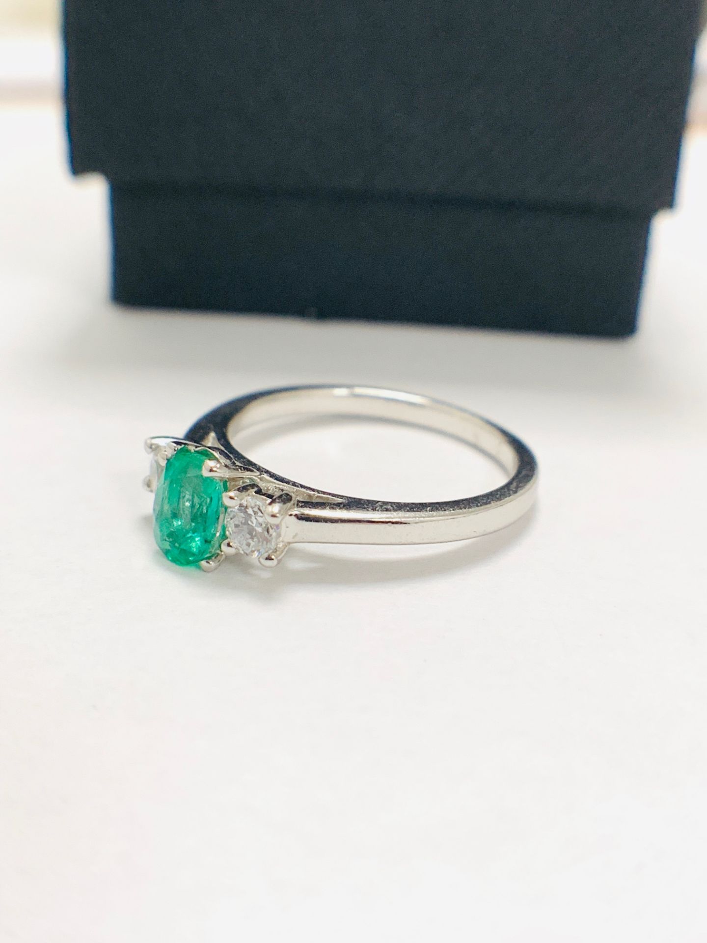 Platinum Diamond Emerald Three Stone Ring, - Image 8 of 10