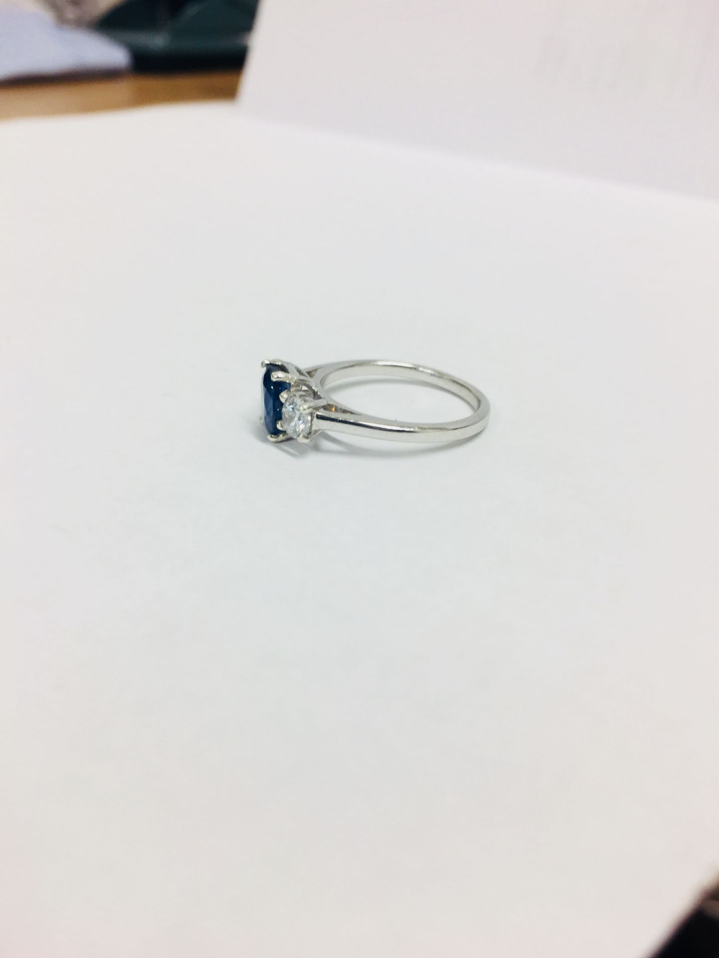 Platinum Sapphire Diamond Three Stone Ring, - Image 2 of 6