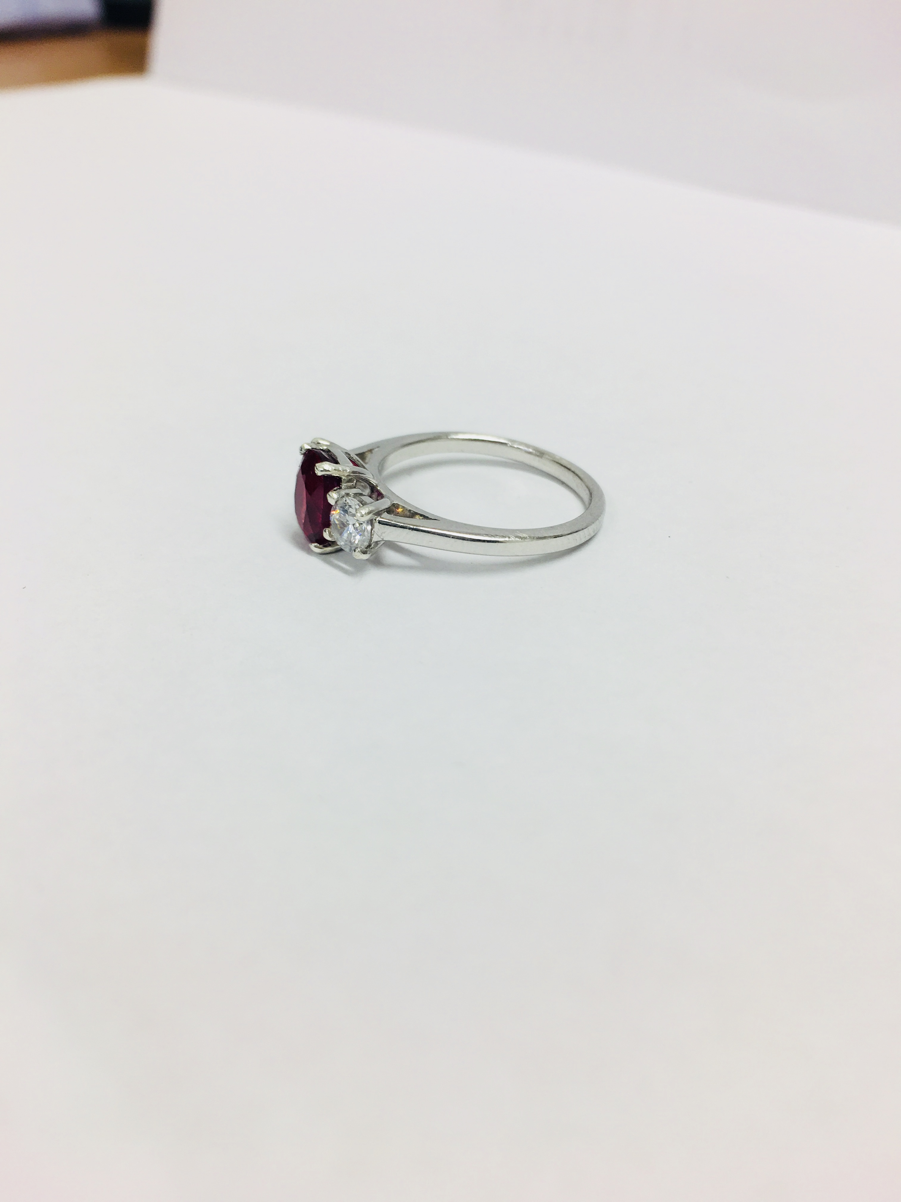 Platinum Ruby Diamnd Three Stone Ring, - Image 2 of 7