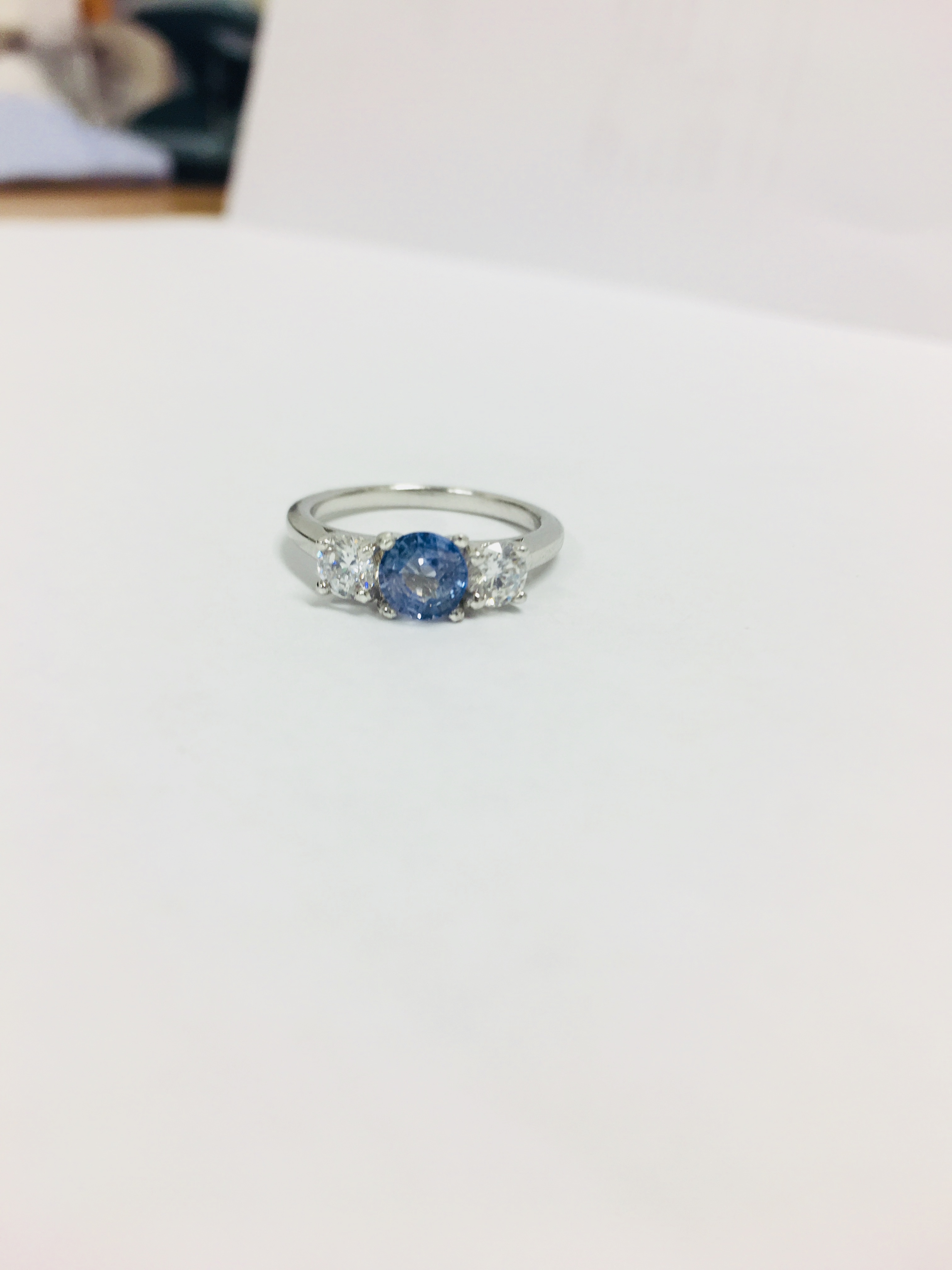 Platinum Sapphire (Ceylon) Diamond Three Stone Ring,