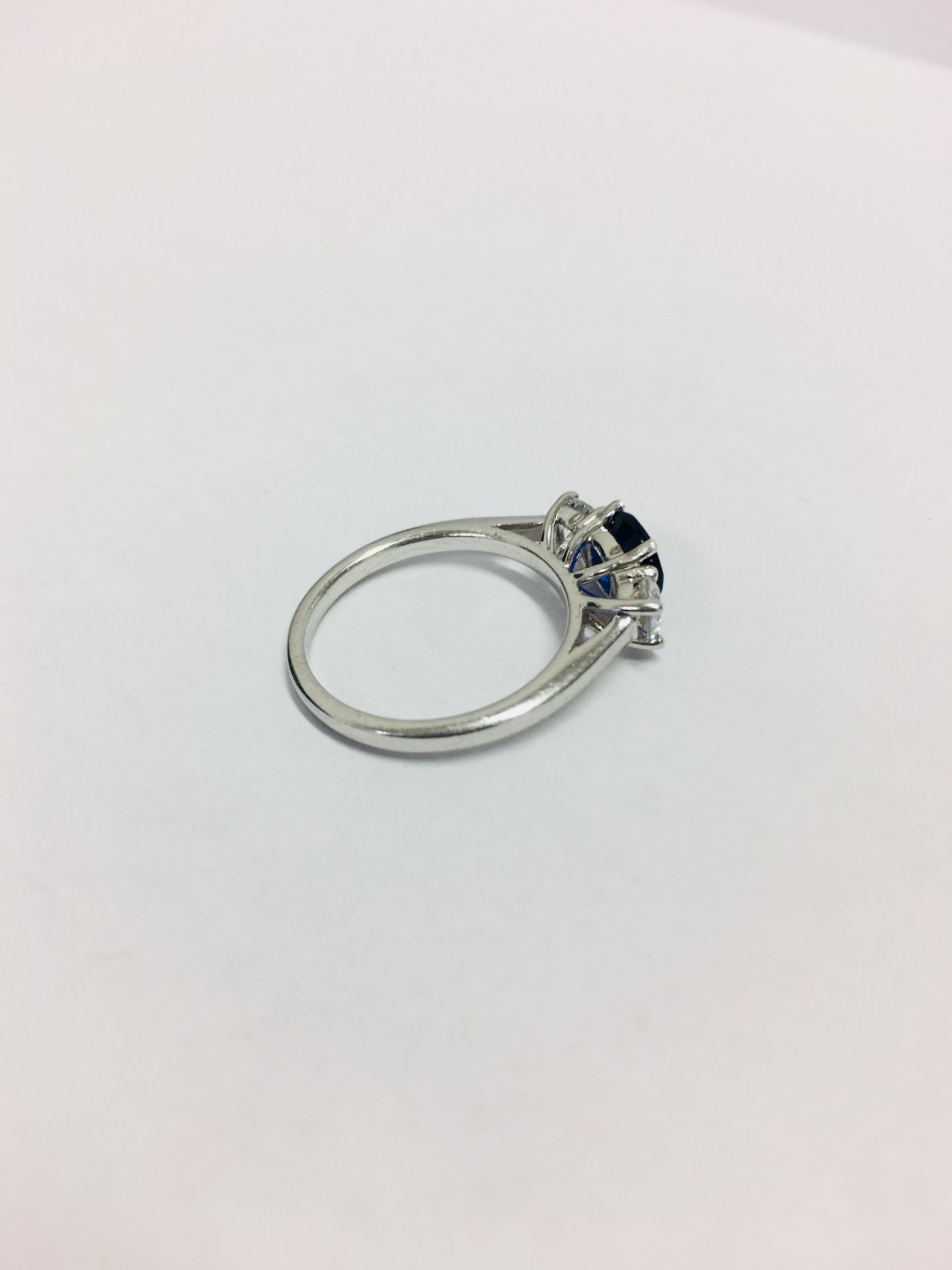 Platinum Diamond Sapphire Three Stone Ring, - Image 5 of 7