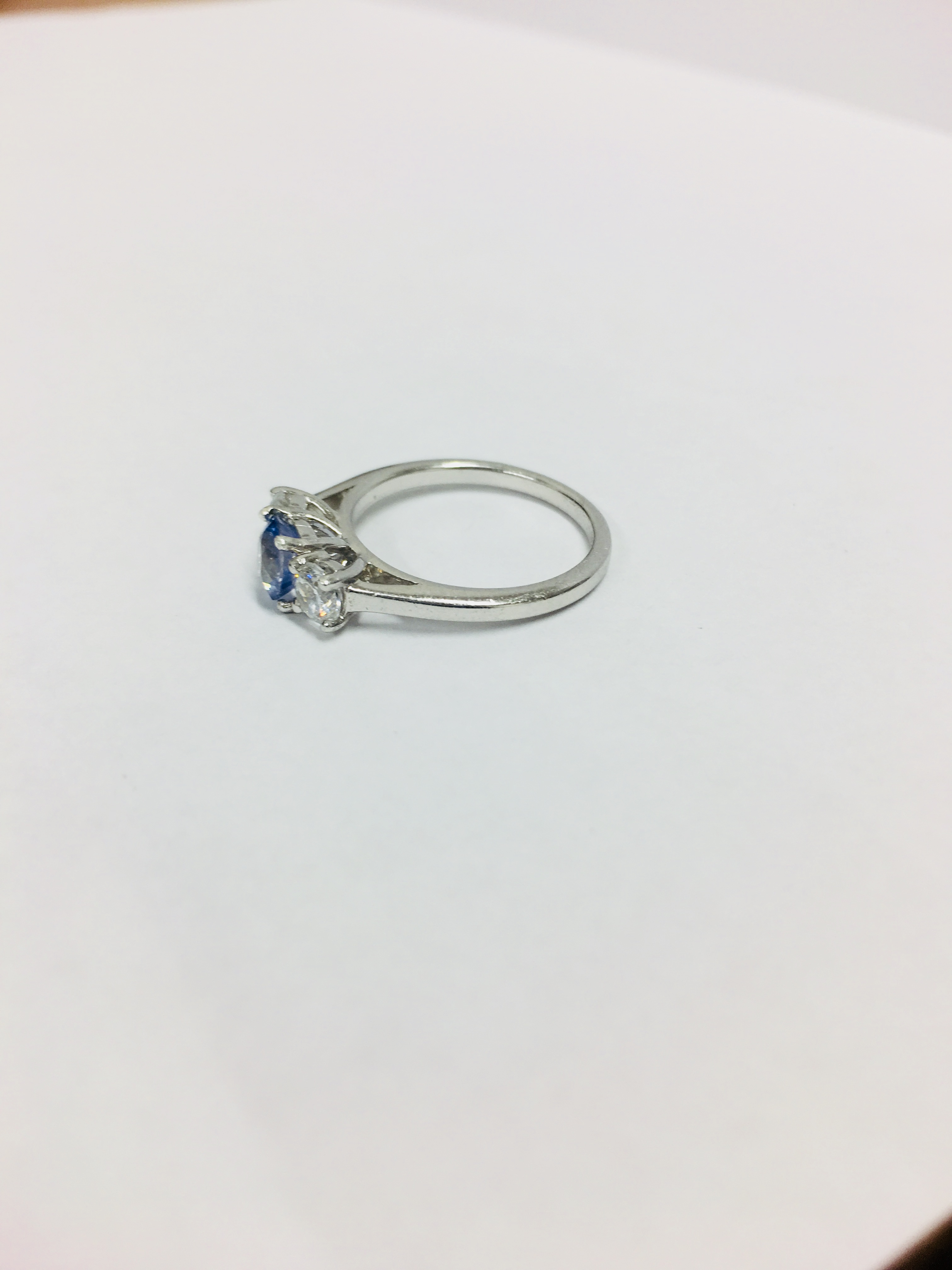 Platinum Sapphire (Ceylon) Diamond Three Stone Ring, - Image 2 of 6