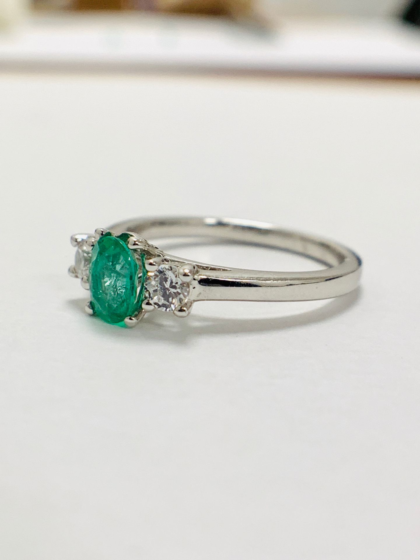 Platinum Diamond Emerald Three Stone Ring, - Image 2 of 10