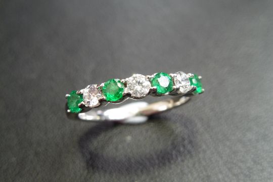 Emerald And Diamond Seven Stone Band Ring.