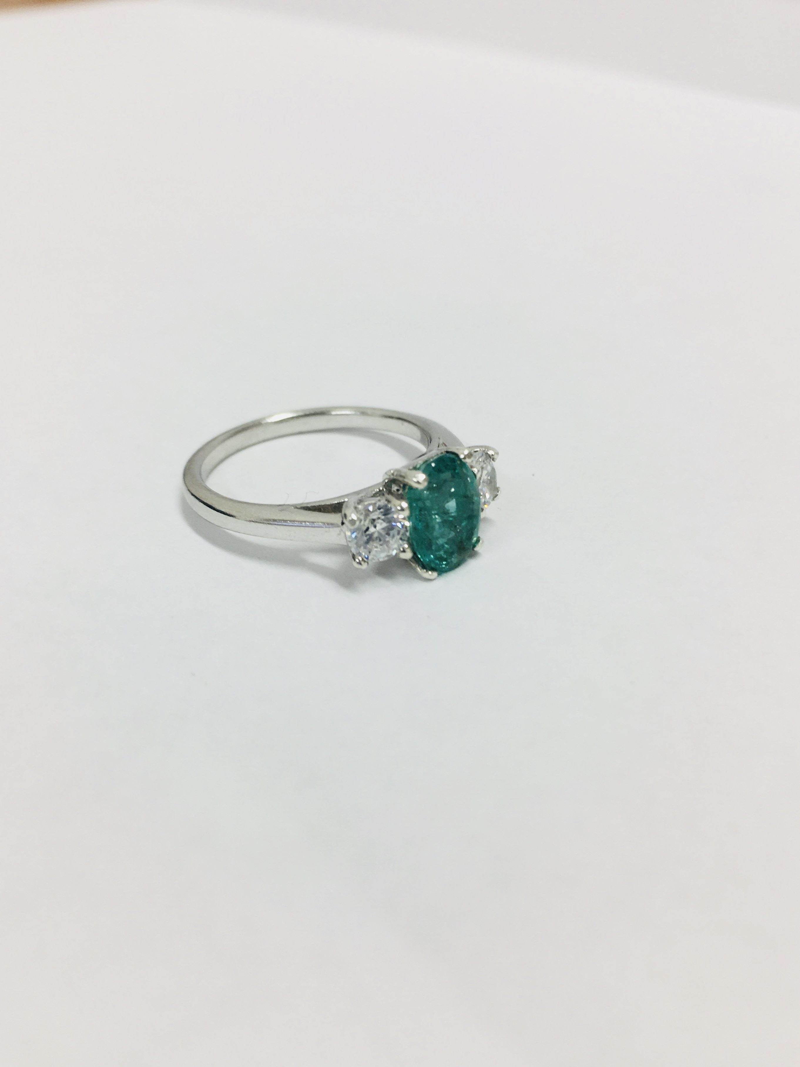 Platinum Emerald Diamond Three Stone Ring, - Image 5 of 5