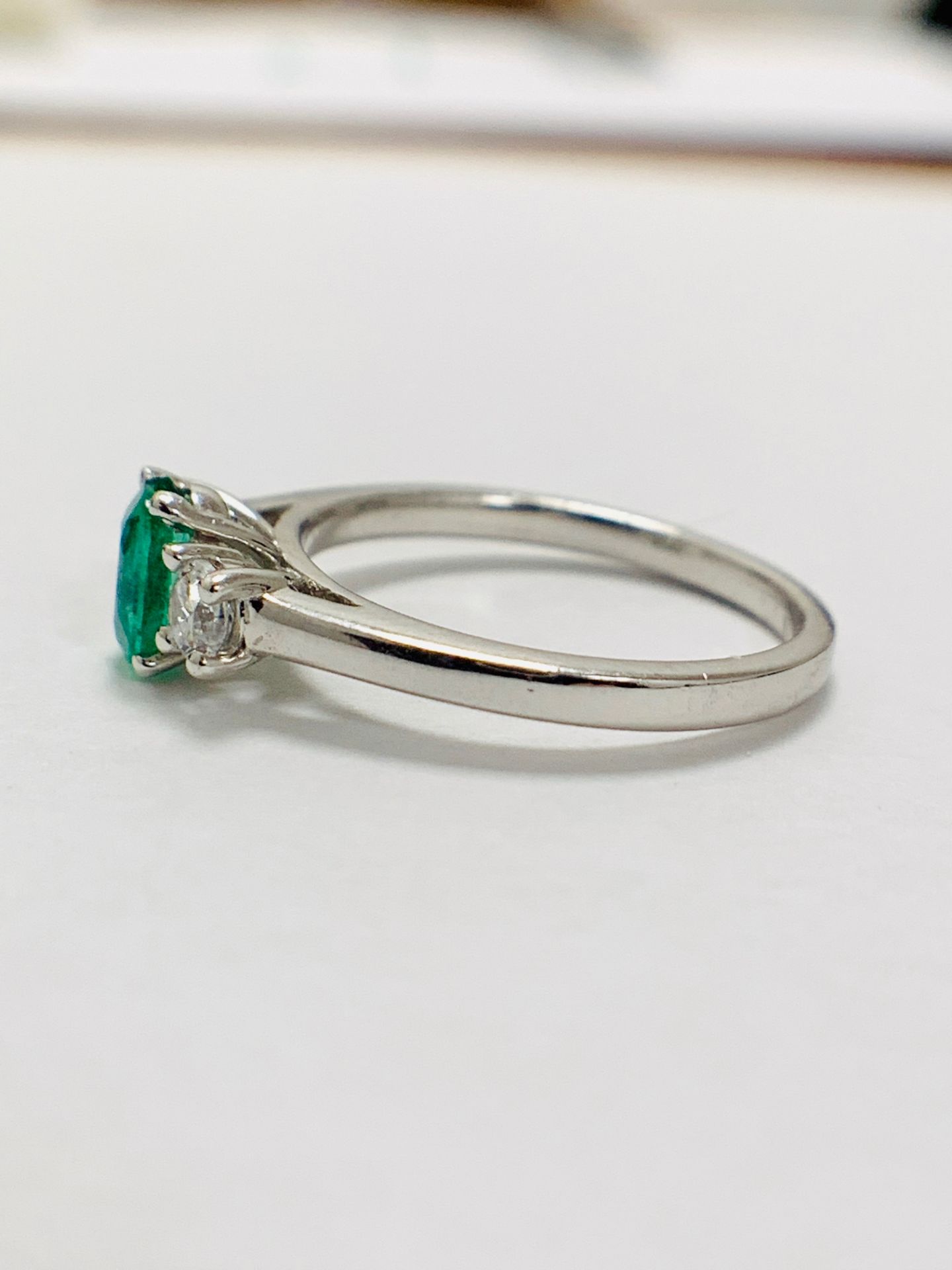 Platinum Diamond Emerald Three Stone Ring, - Image 3 of 10