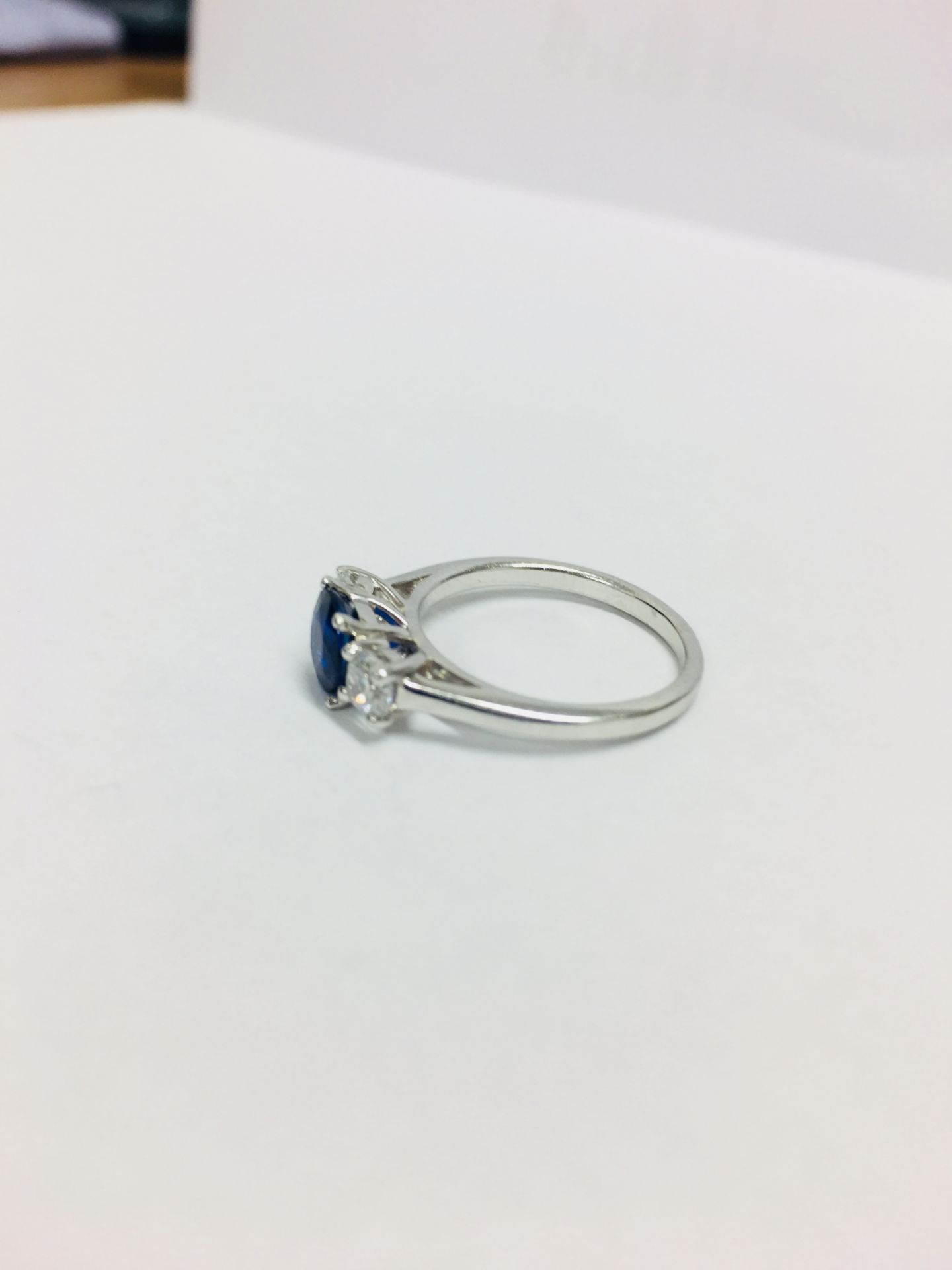 Platinum Diamond Sapphire Three Stone Ring, - Image 2 of 7