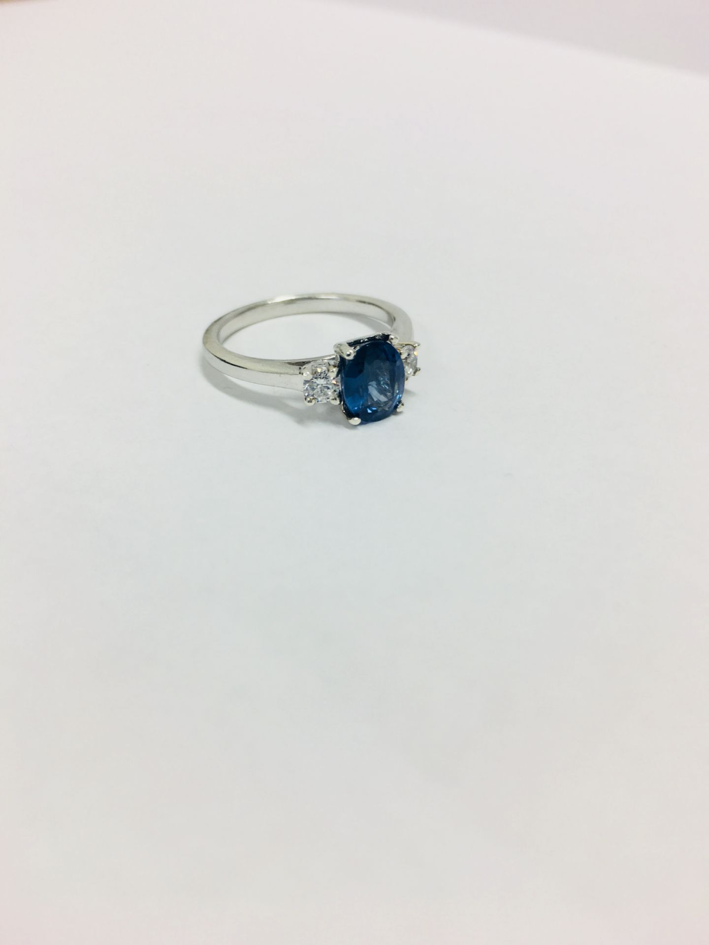 Platinum Sapphire Diamond Three Stone Ring, - Image 6 of 6