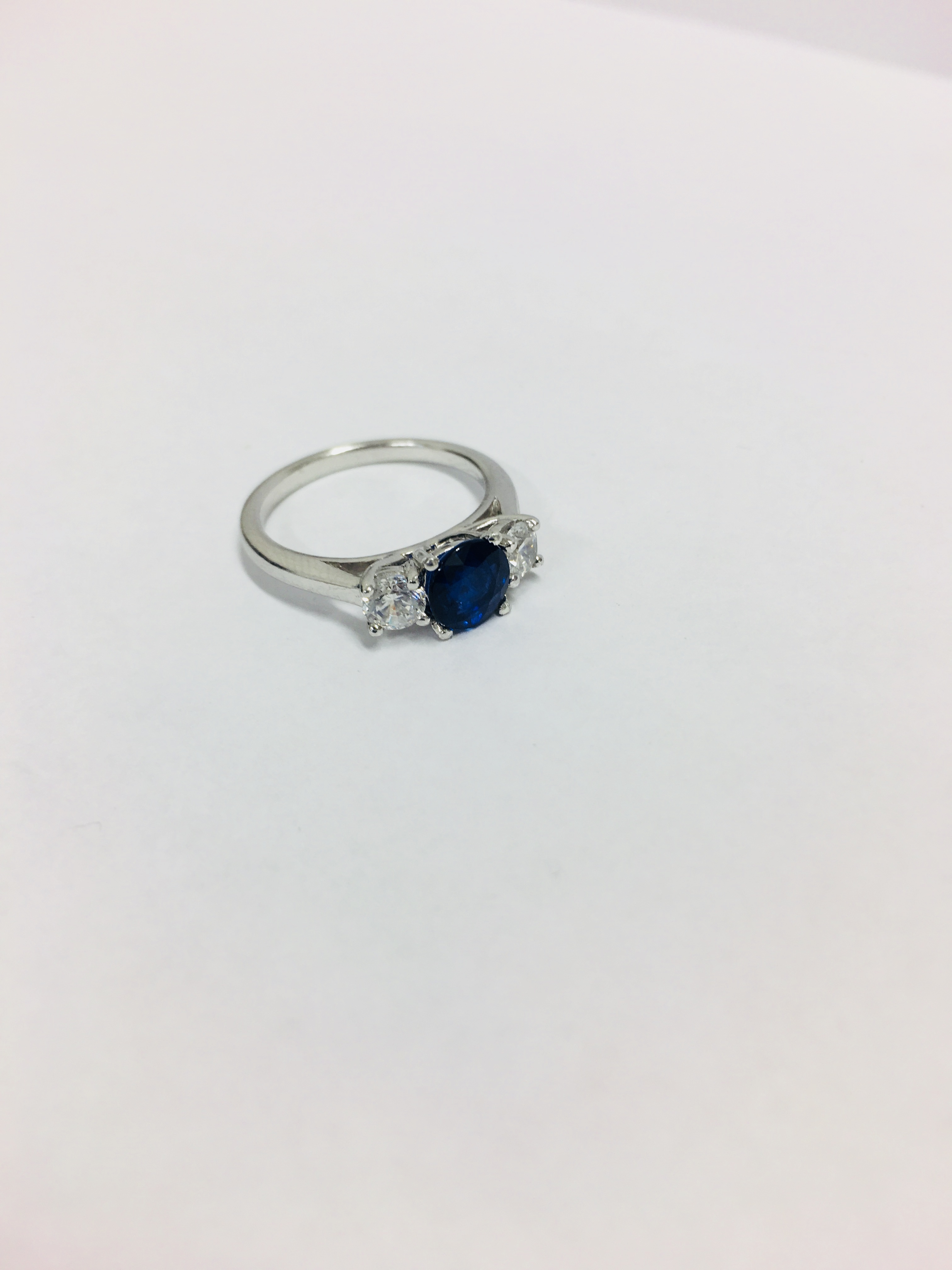 Platinum Diamond Sapphire Three Stone Ring, - Image 6 of 7