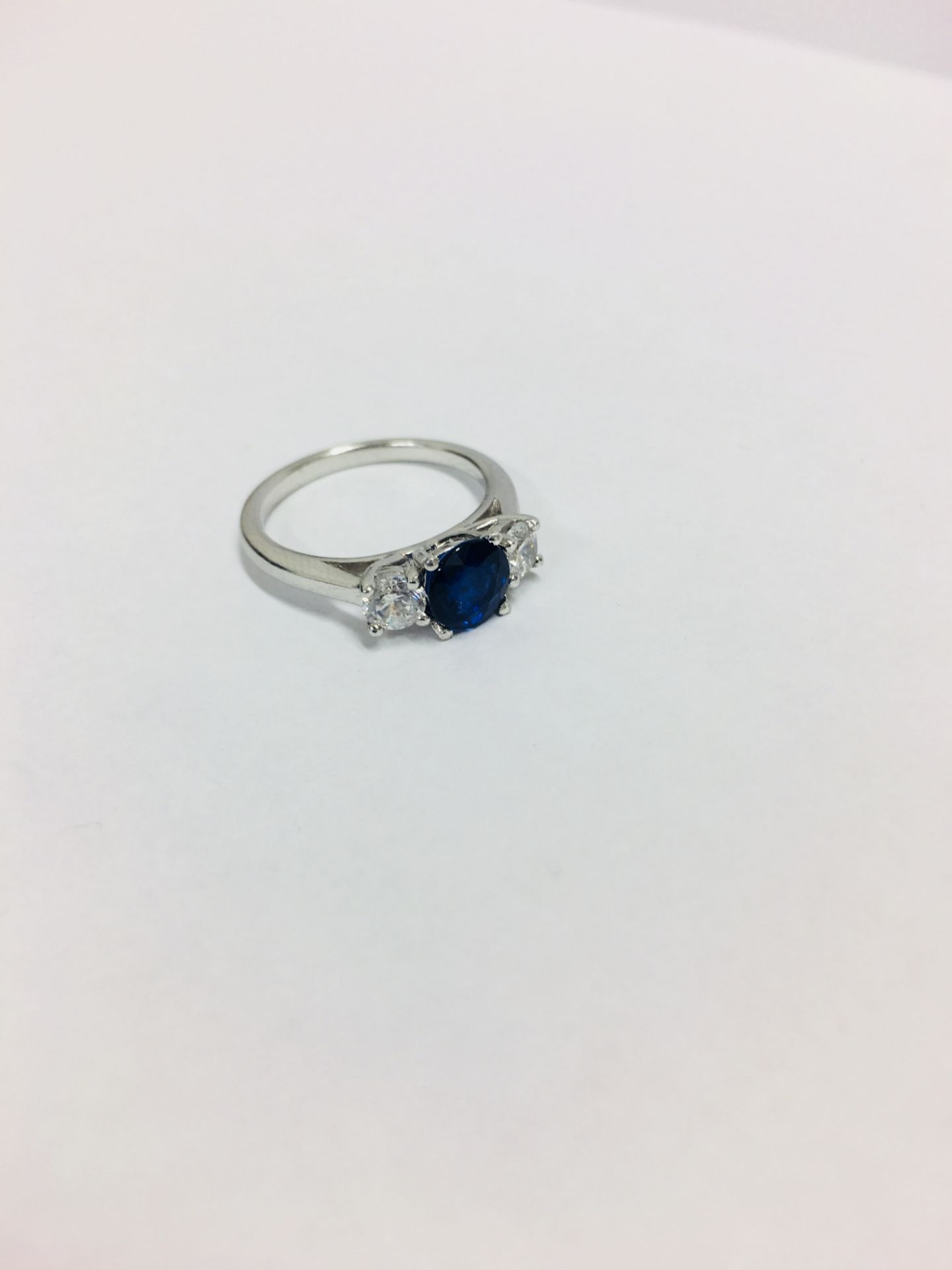 Platinum Diamond Sapphire Three Stone Ring, - Image 6 of 7