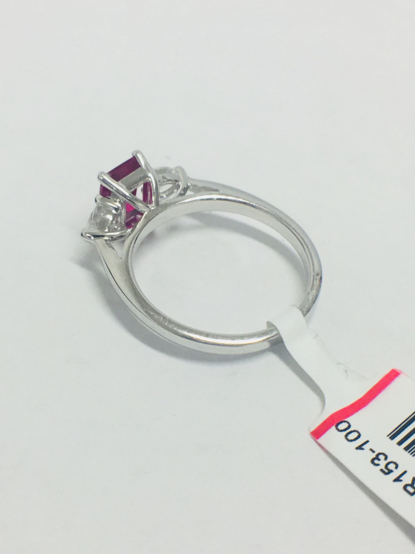 Platinum Ruby Diamond Three Stone Ring, - Image 4 of 7