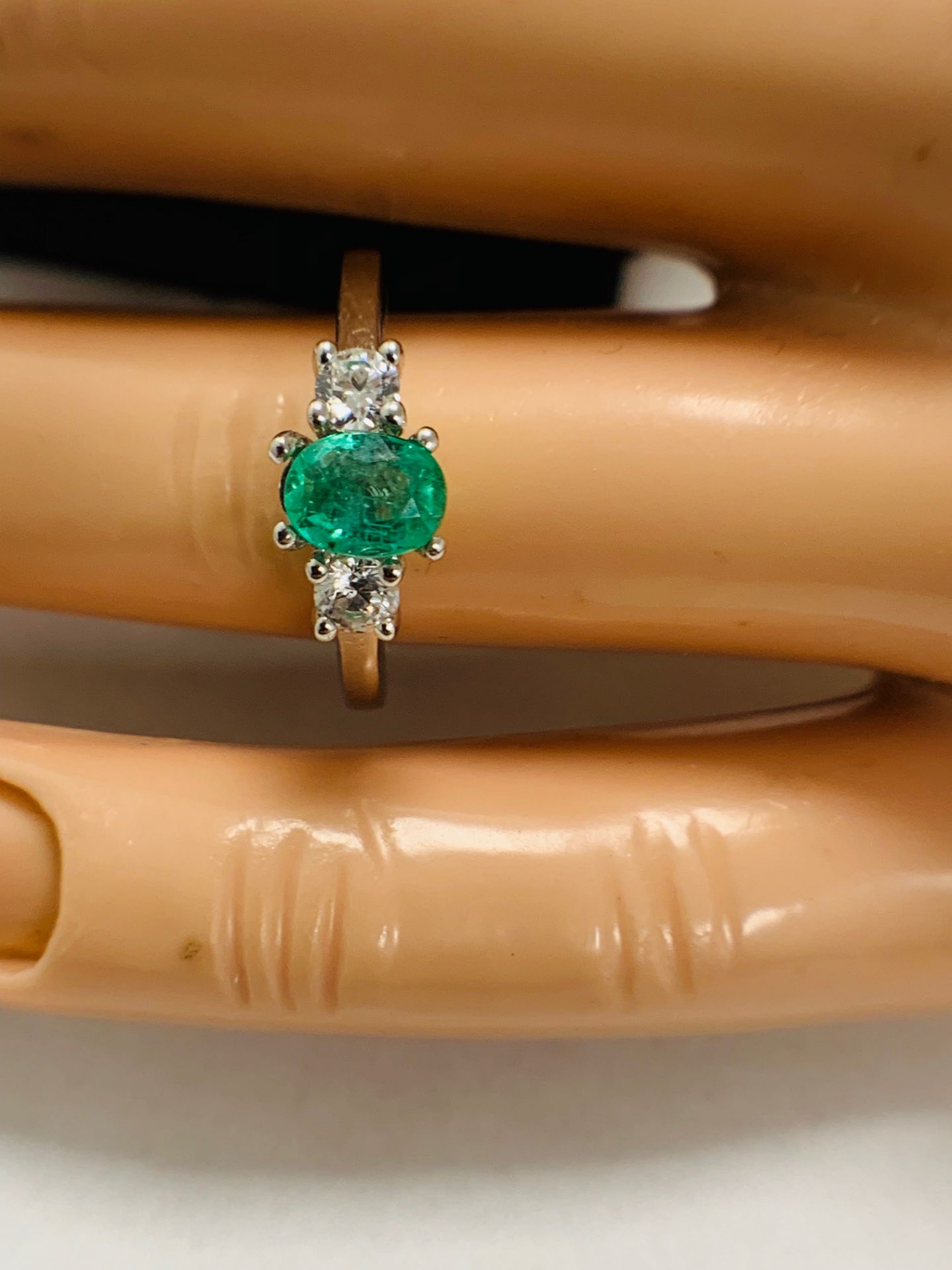 Platinum Diamond Emerald Three Stone Ring, - Image 10 of 10