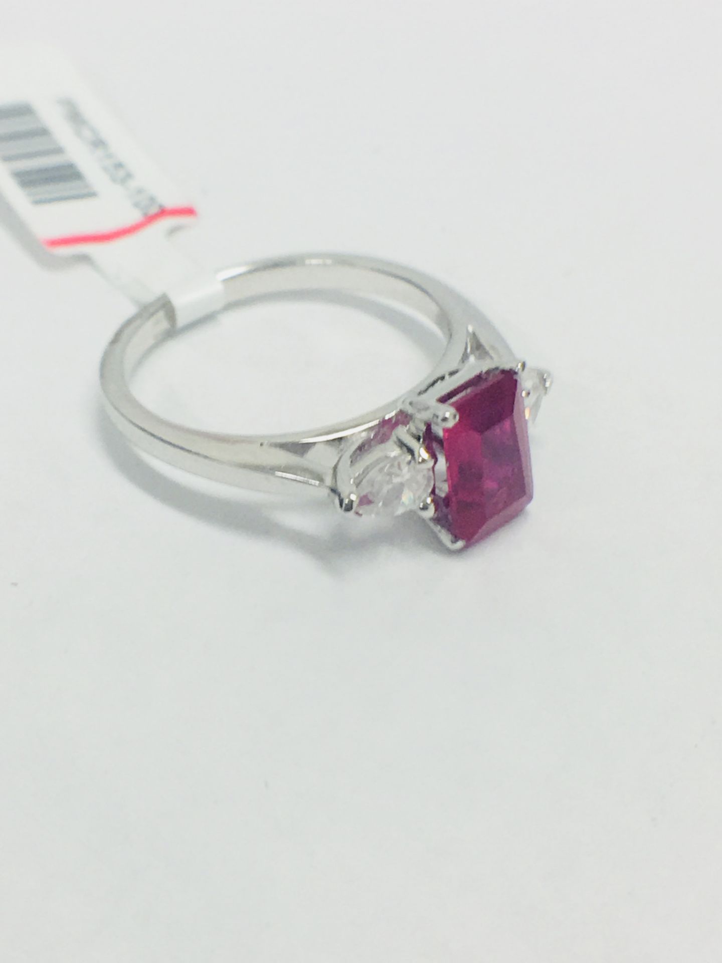 Platinum Ruby Diamond Three Stone Ring, - Image 7 of 7