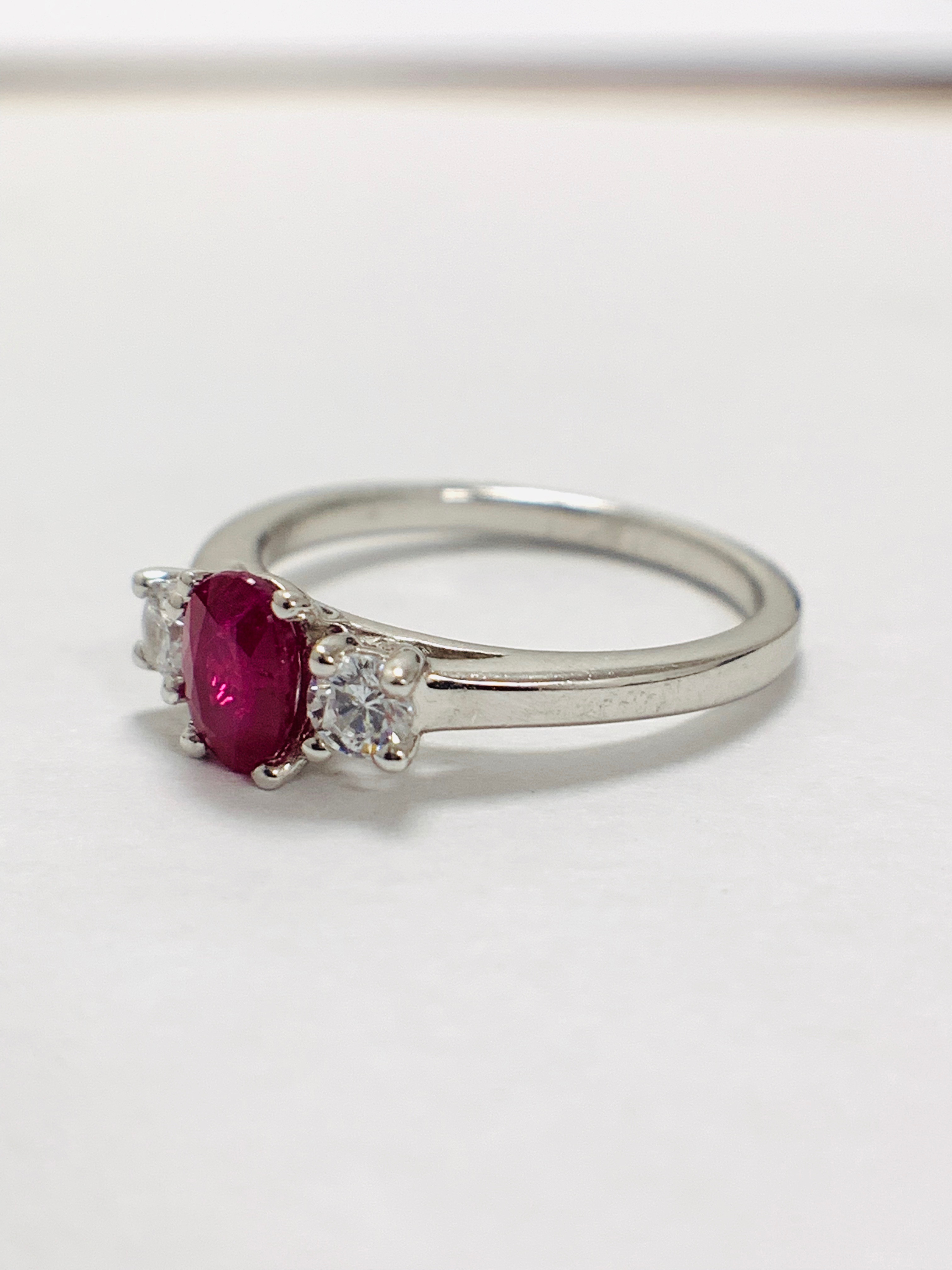 Platinum Diamond Ruby Diamond Three Stone Ring, - Image 2 of 10