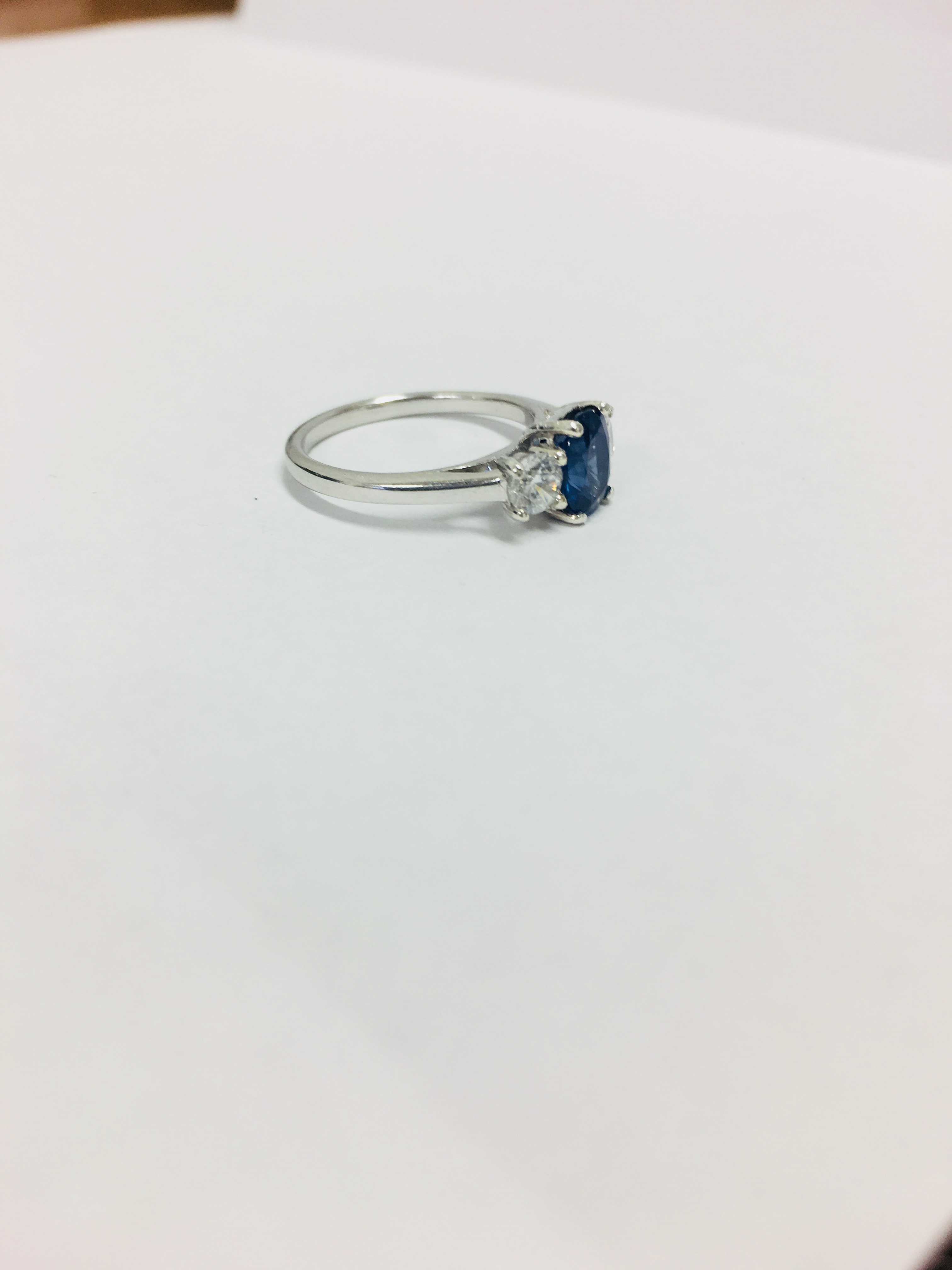 Platinum Sapphire Diamond Three Stone Ring, - Image 5 of 6