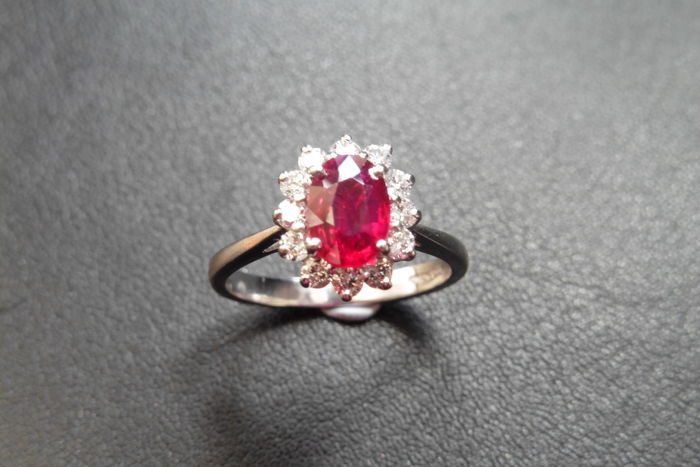 Ruby And Diamond Cluster Style Ring Set In Platinum.