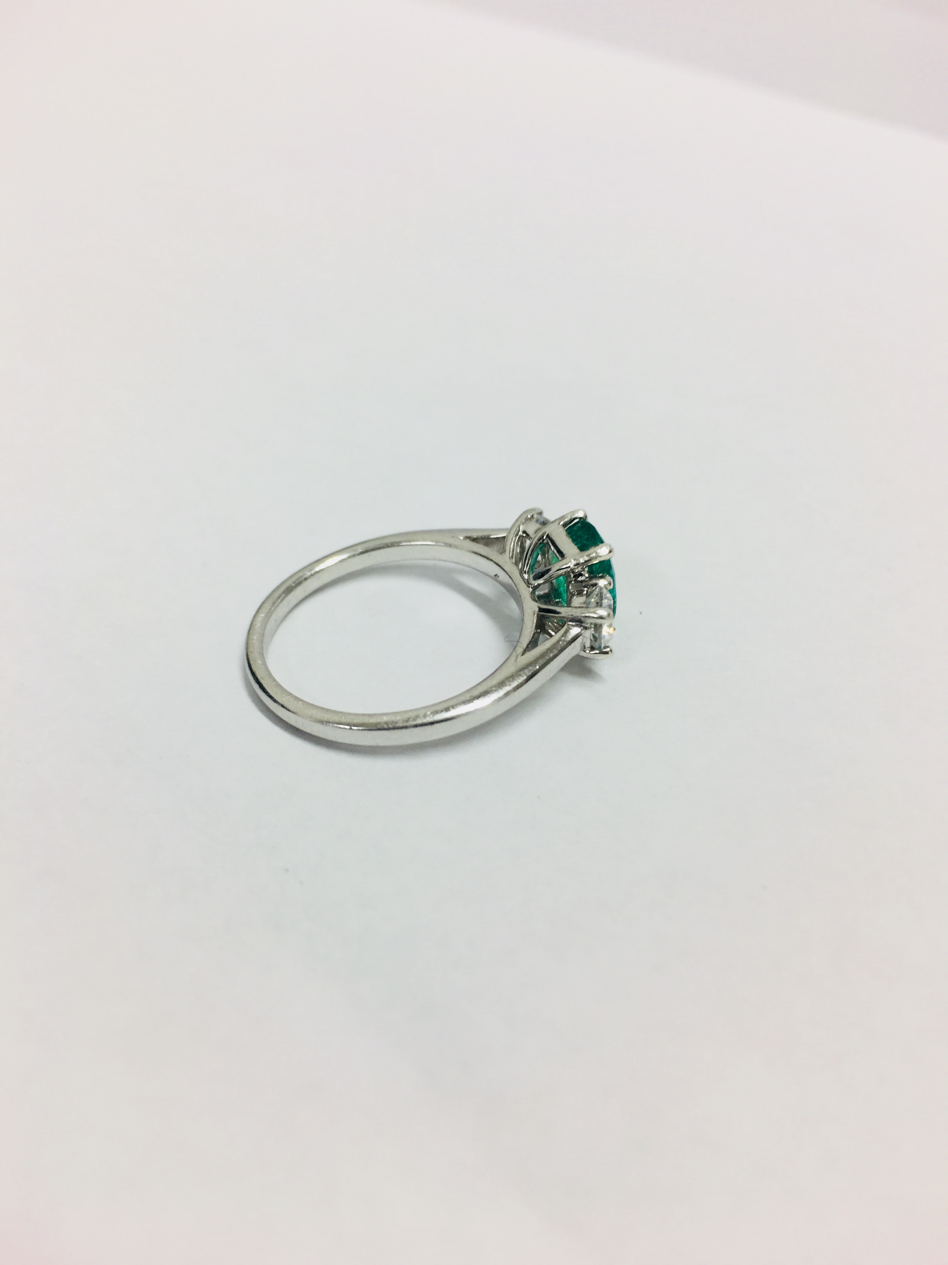 Platinum Emerald Diamond Three Stone Ring, - Image 4 of 5