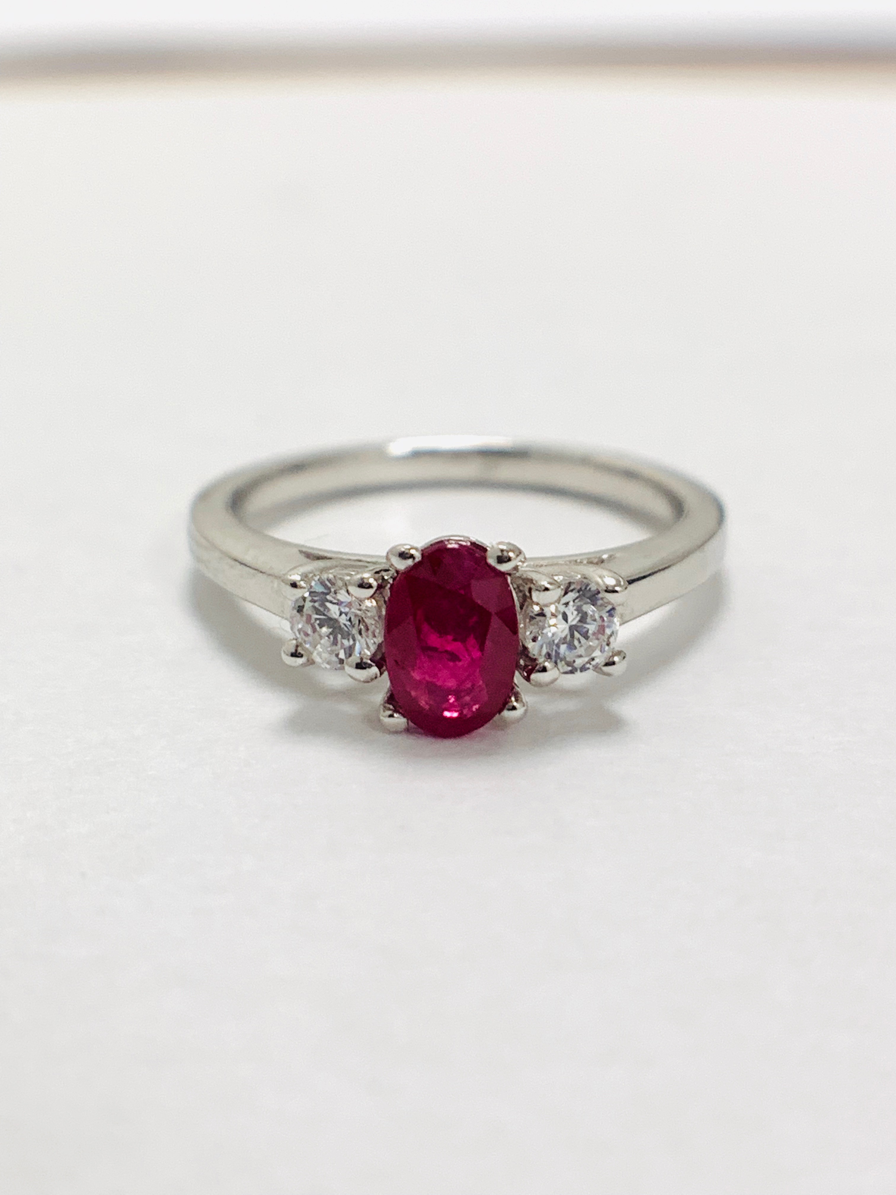 Platinum Diamond Ruby Diamond Three Stone Ring, - Image 9 of 10