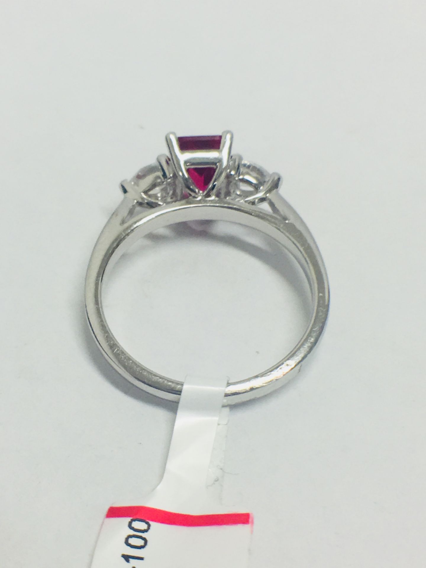 Platinum Ruby Diamond Three Stone Ring, - Image 5 of 7