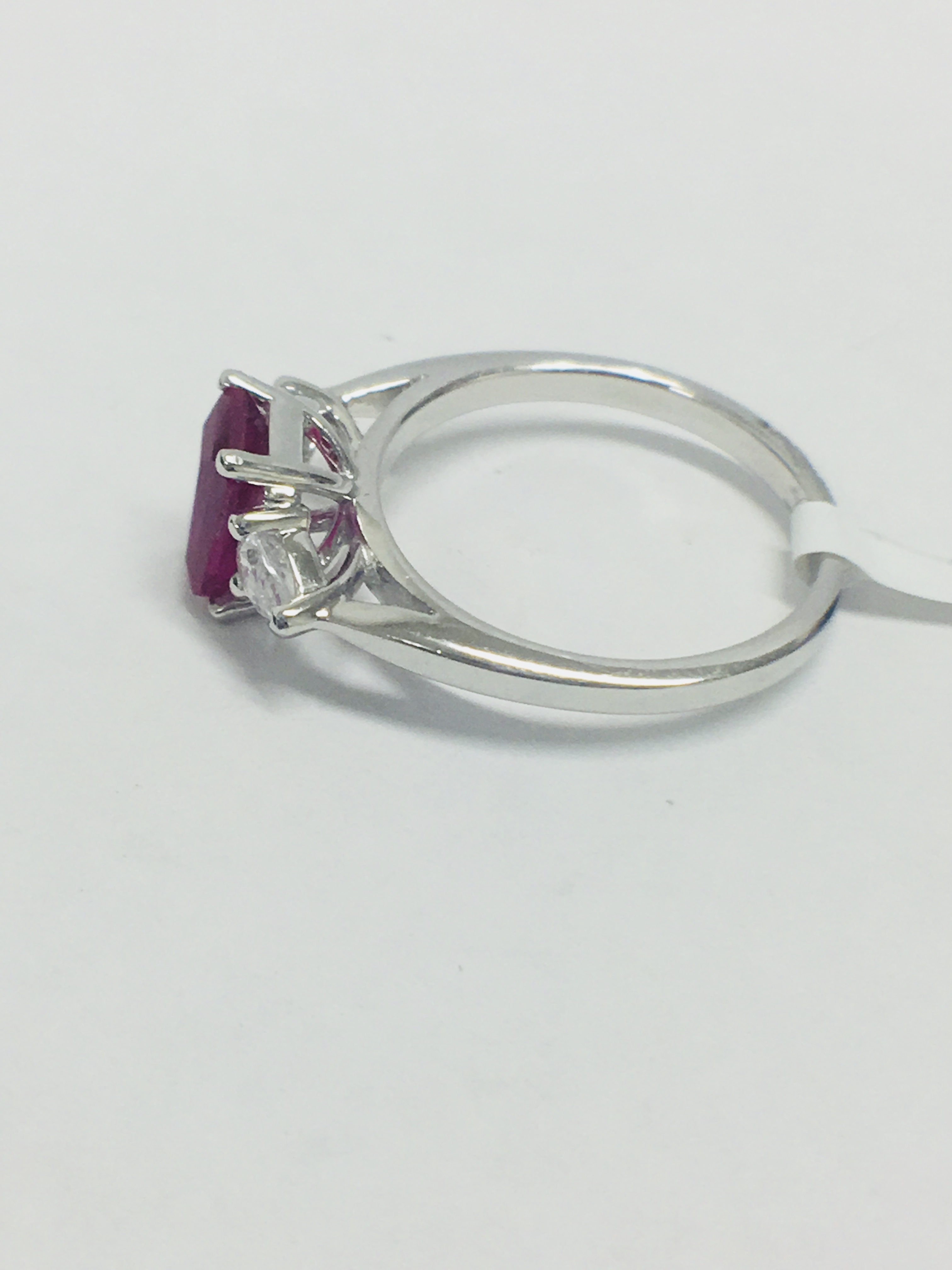 Platinum Ruby Diamond Three Stone Ring, - Image 3 of 7
