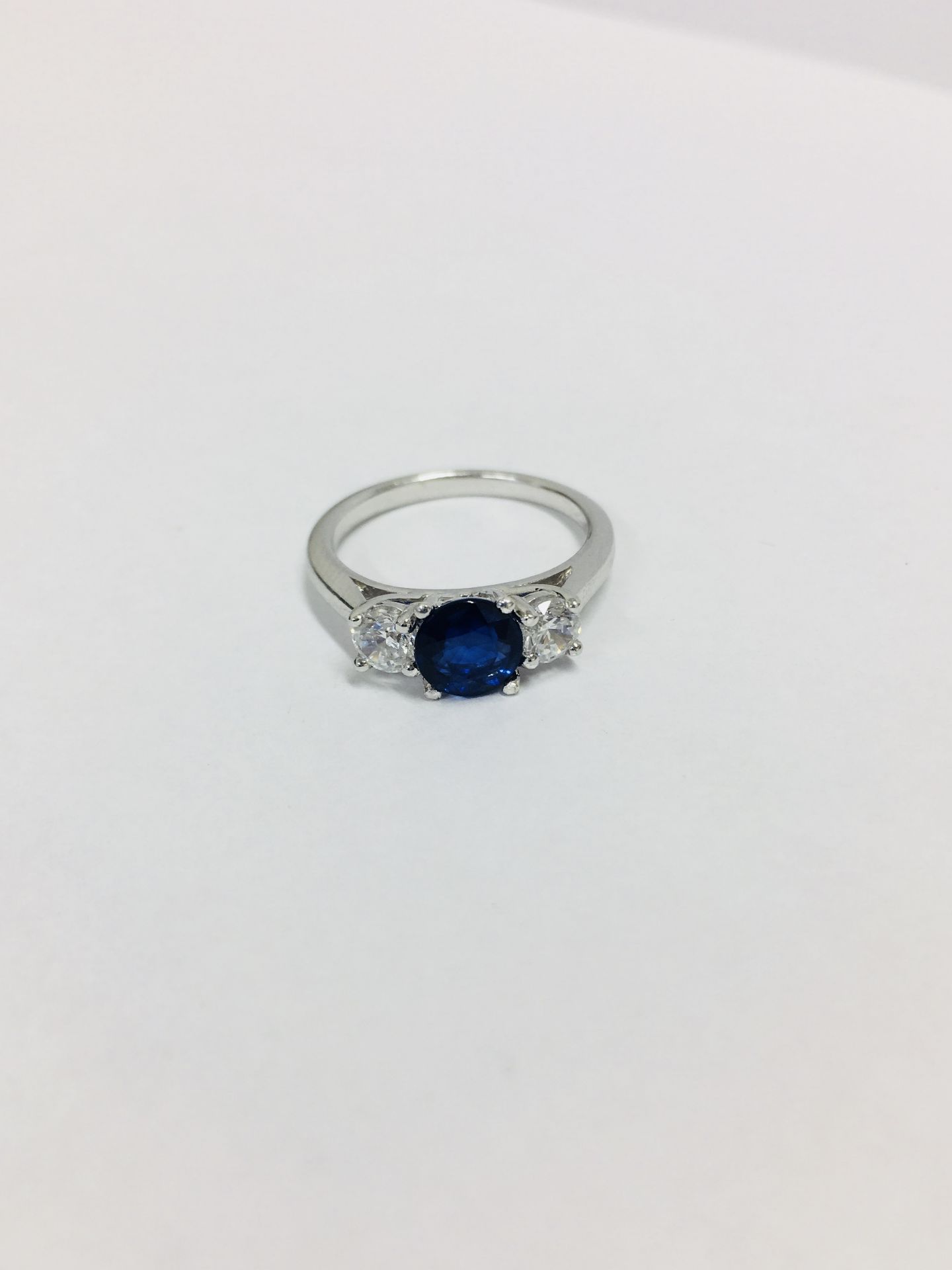 Platinum Diamond Sapphire Three Stone Ring, - Image 7 of 7