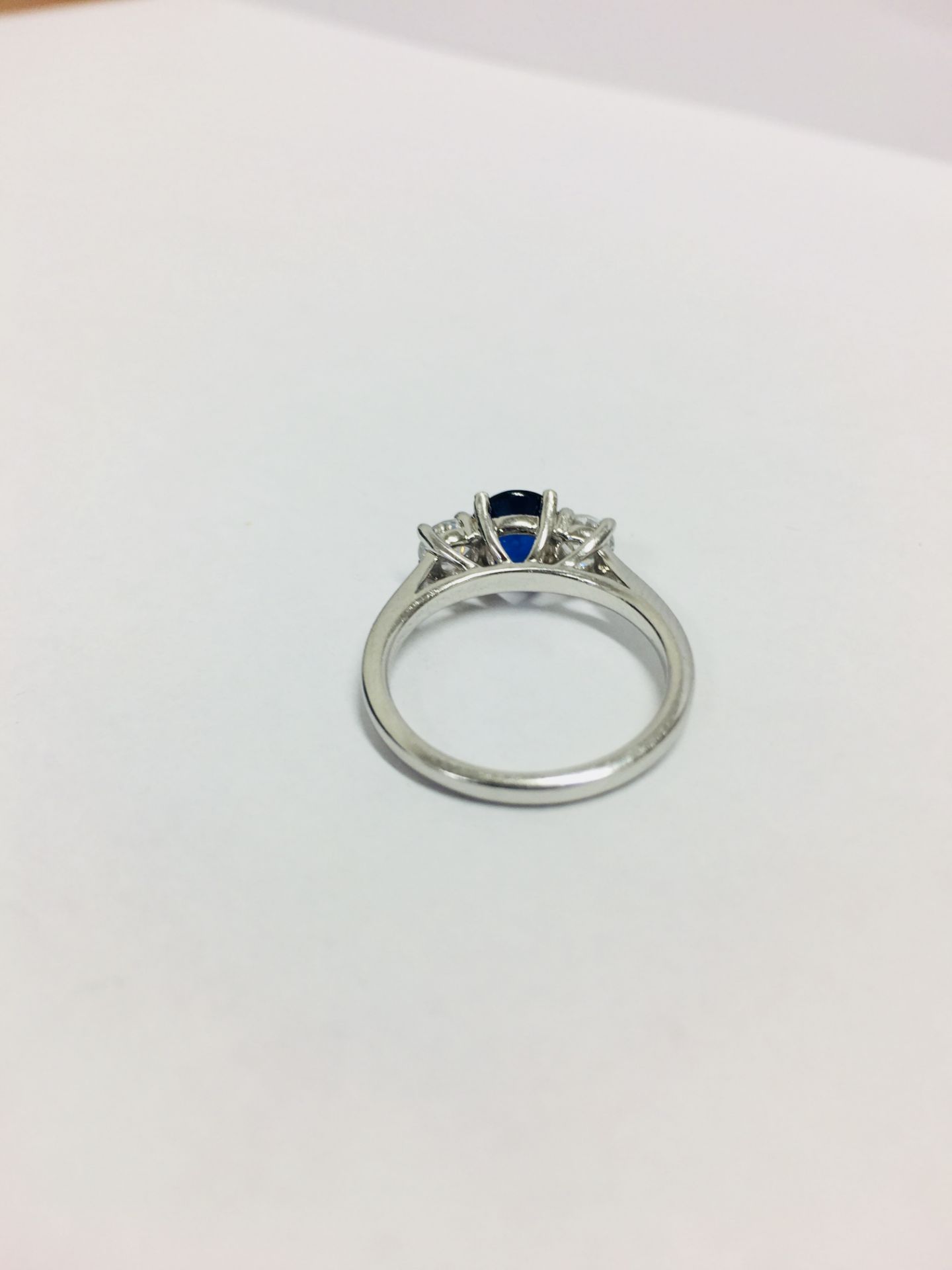 Platinum Diamond Sapphire Three Stone Ring, - Image 4 of 7
