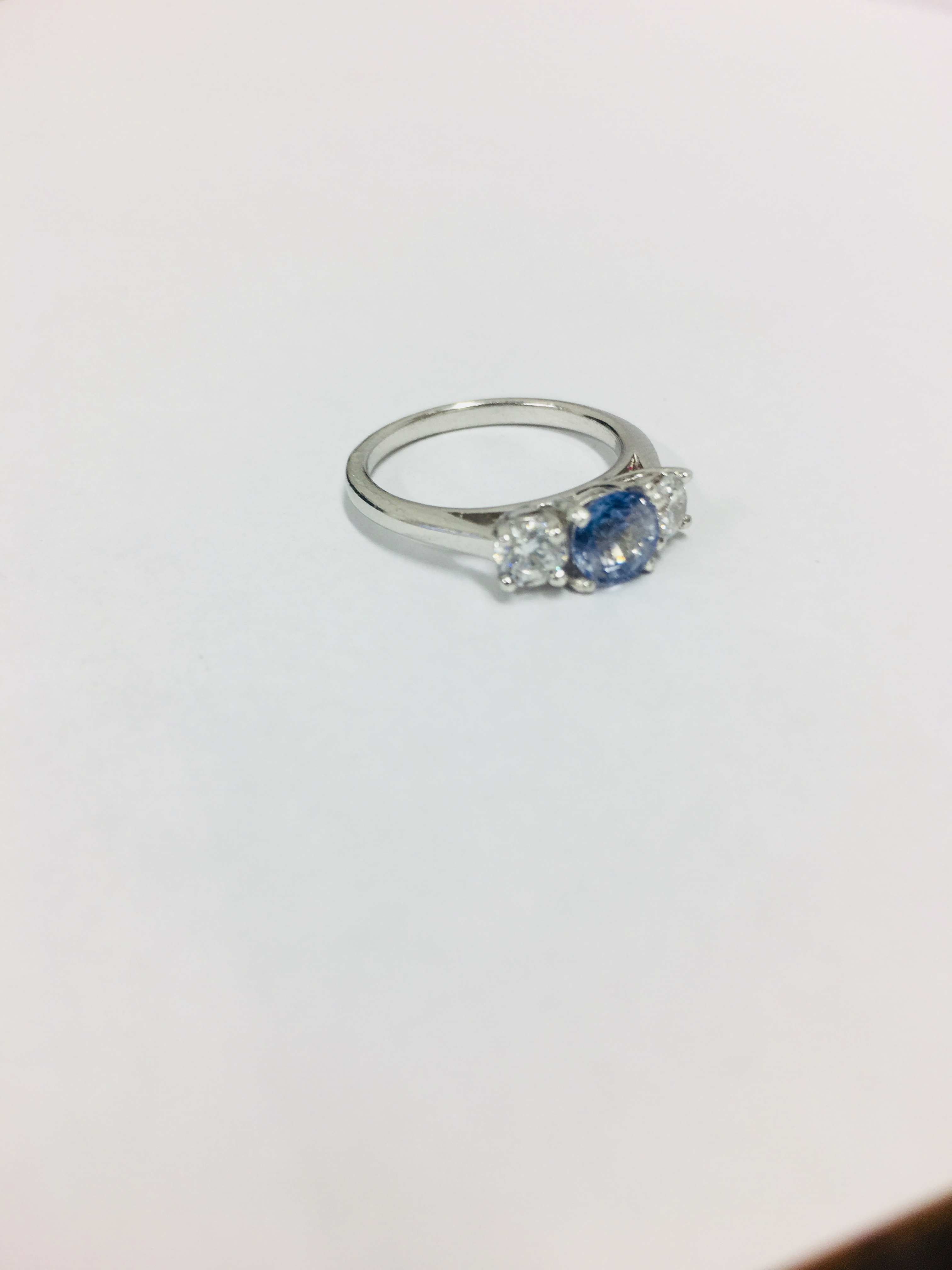 Platinum Sapphire (Ceylon) Diamond Three Stone Ring, - Image 6 of 6