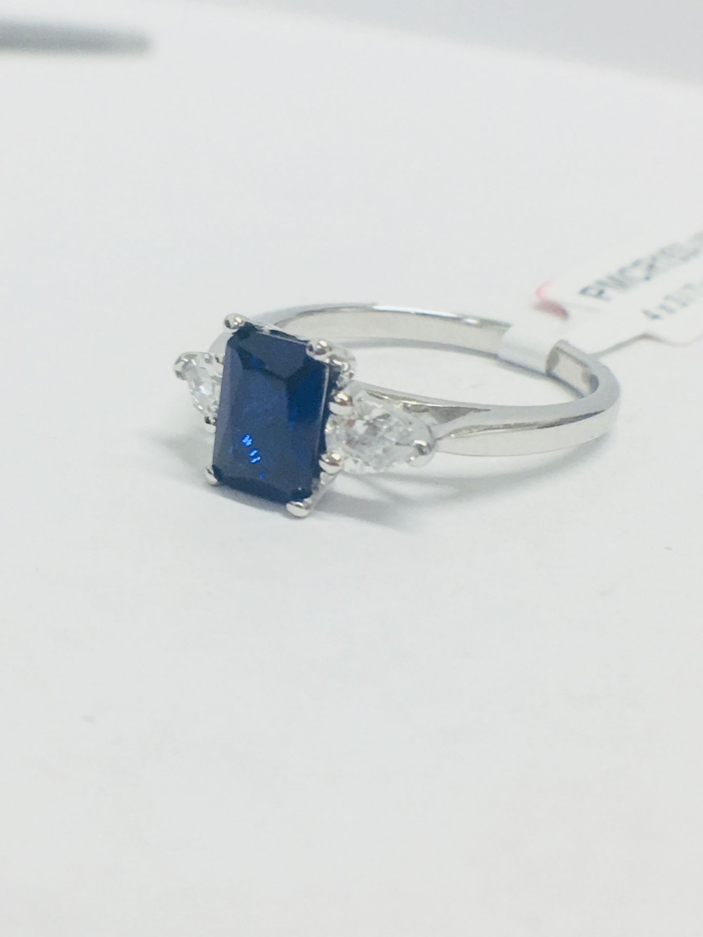 Platinum Sapphire Diamond Three Stone Ring, - Image 2 of 7