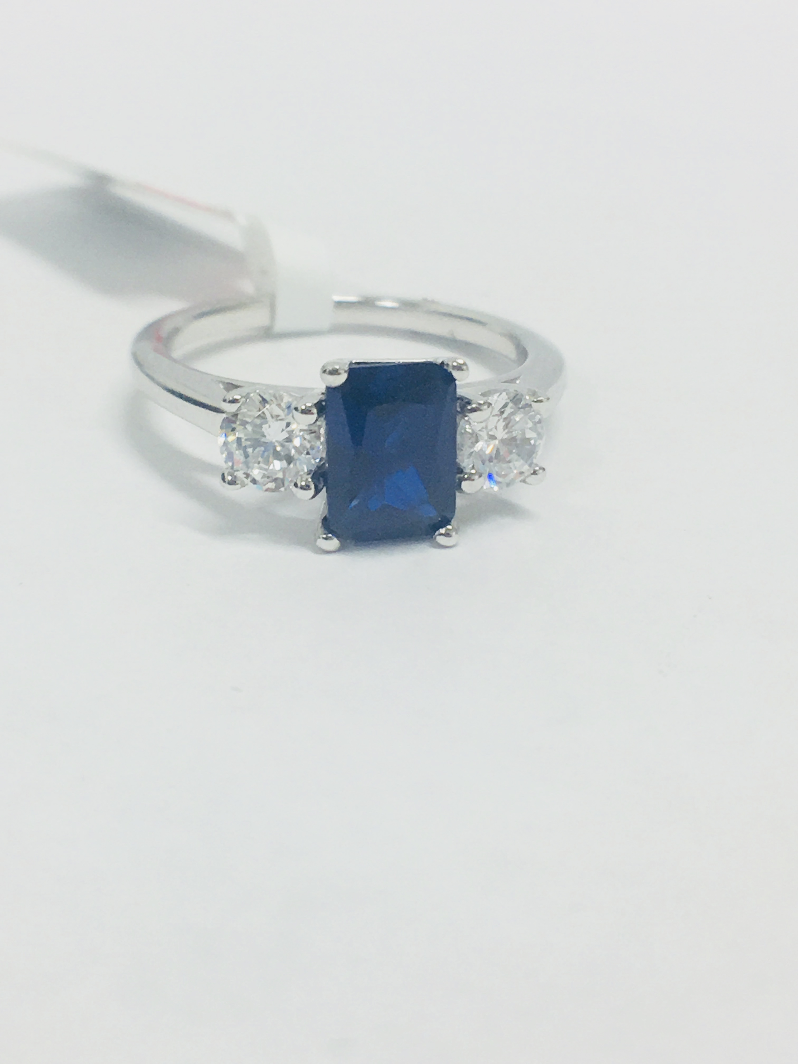 Platinum Sapphire Diamond Three Stone Ring, - Image 7 of 7