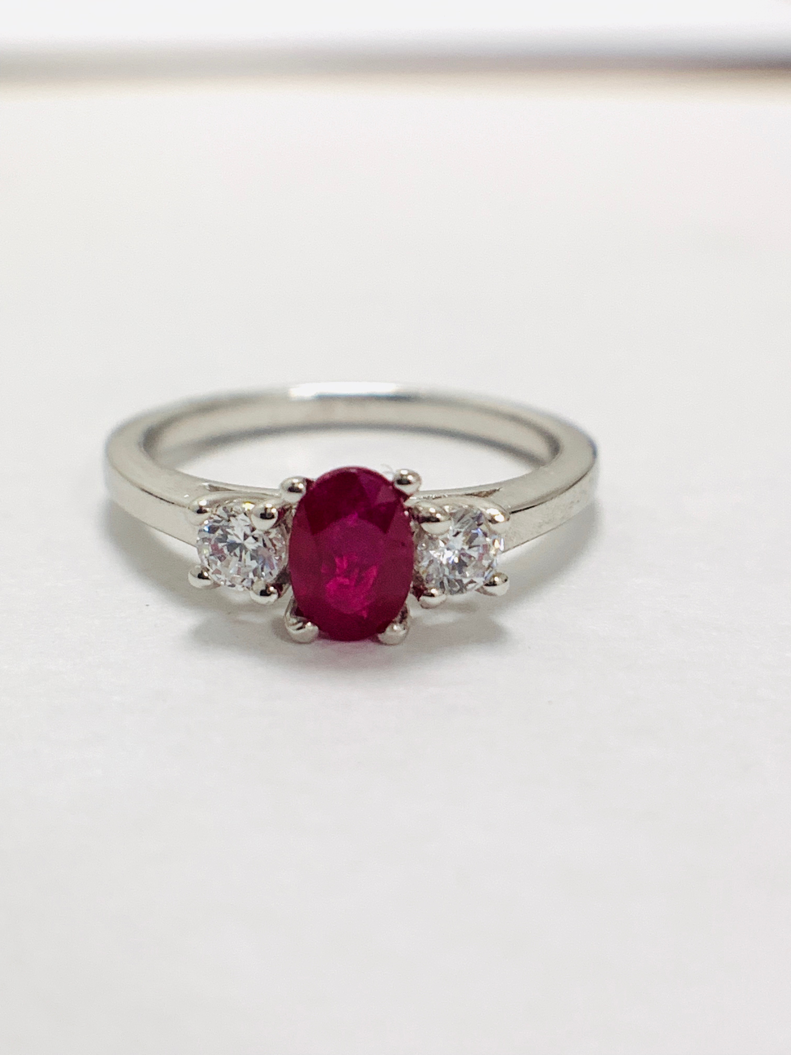 Platinum Diamond Ruby Diamond Three Stone Ring,