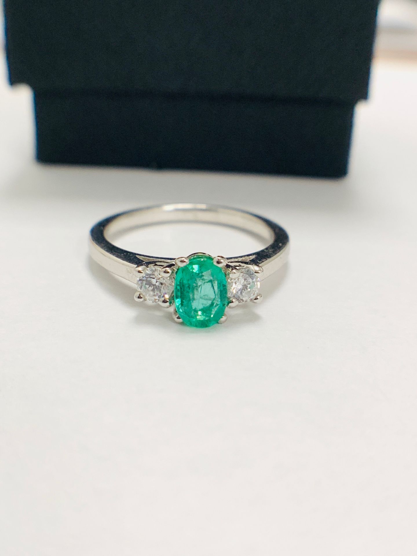 Platinum Diamond Emerald Three Stone Ring, - Image 7 of 10