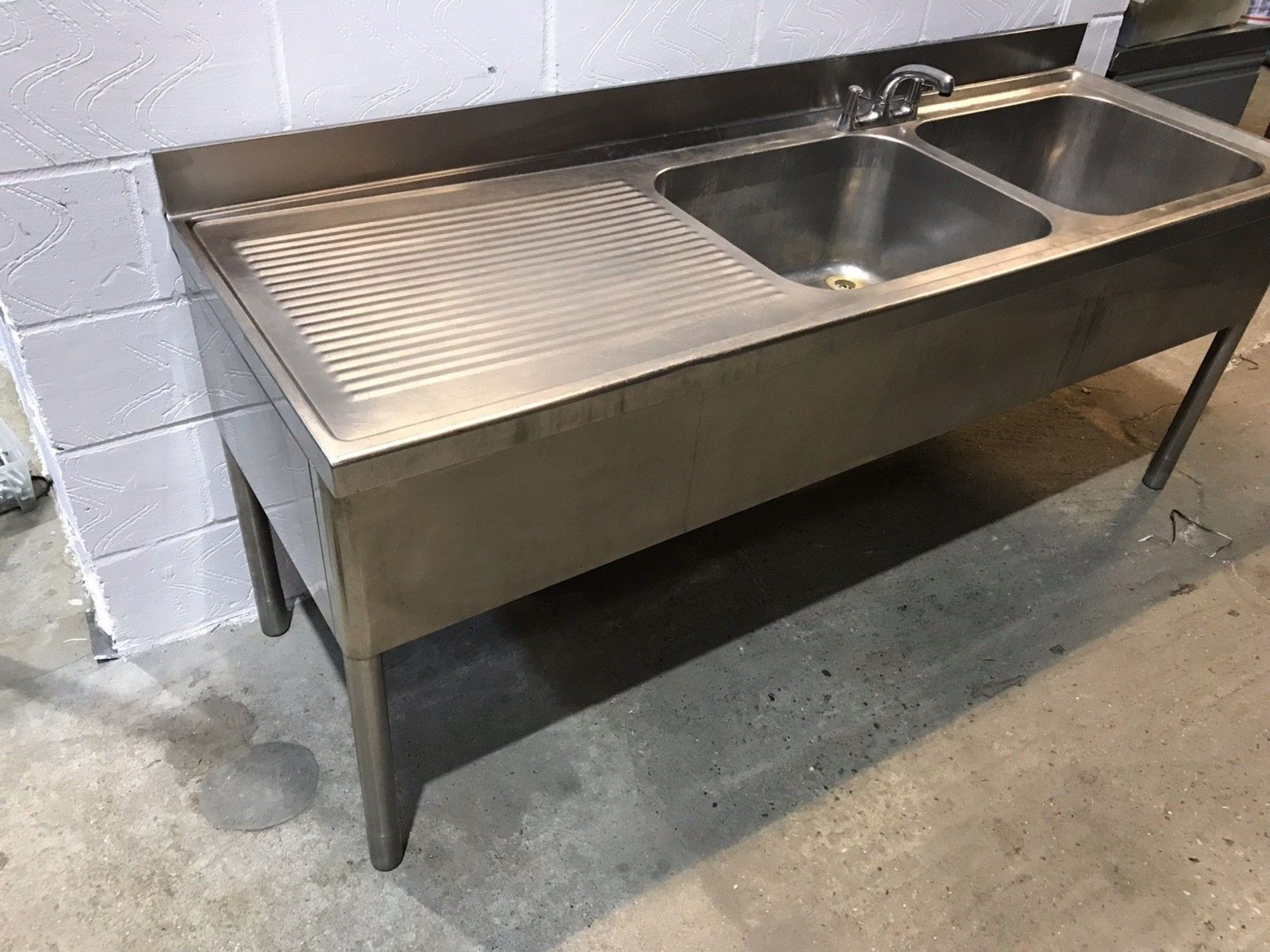 Stainless Steel Double Bowl Sink With Lefthand Drainer, Upstand and Shelf