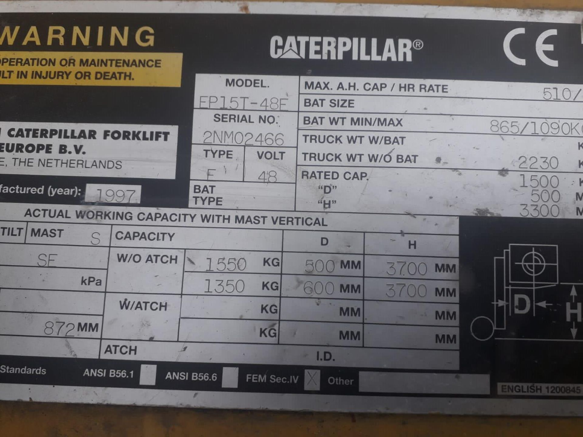 Caterpillar 1.5 Tonne Electric 3 Wheel Forklift - Image 6 of 7