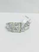 1ct PRincess cut diamond Trilogy ring in a platinum diamond set mount