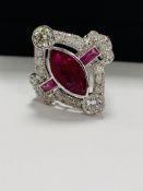 18ct White Gold Ruby and Diamond ring featuring centre, marquise cut, Natural Ruby (1.34ct), claaw s