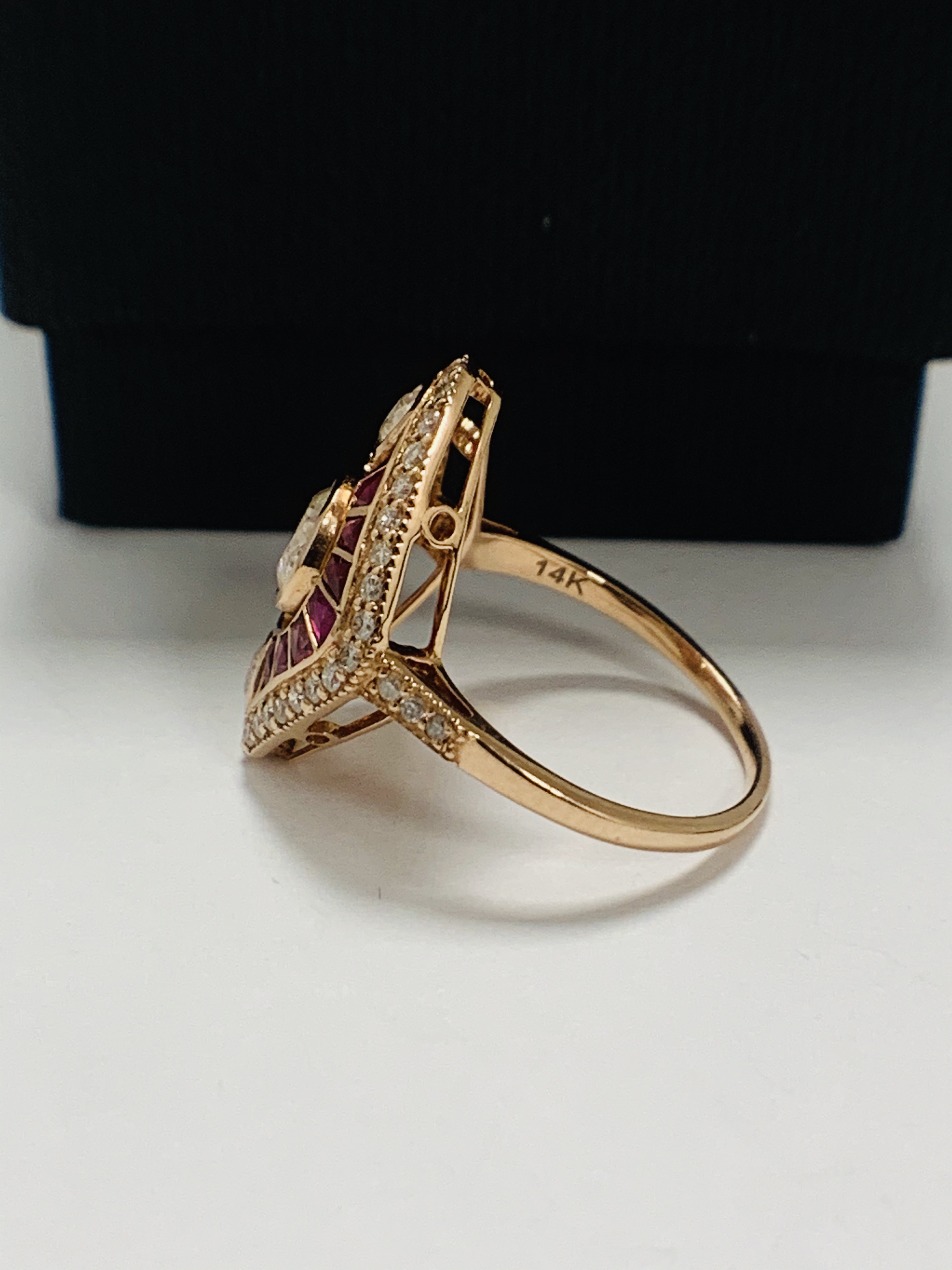 14ct Rose Gold Ruby and Diamond ring featuring centre, round brilliant cut Diamond (0.51ct), bezel s - Image 3 of 10