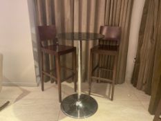 Circular bar table with 2 wooden stools