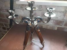 SOLID TEAK BOXED TRIPOD NICKEL CANDLE STAND