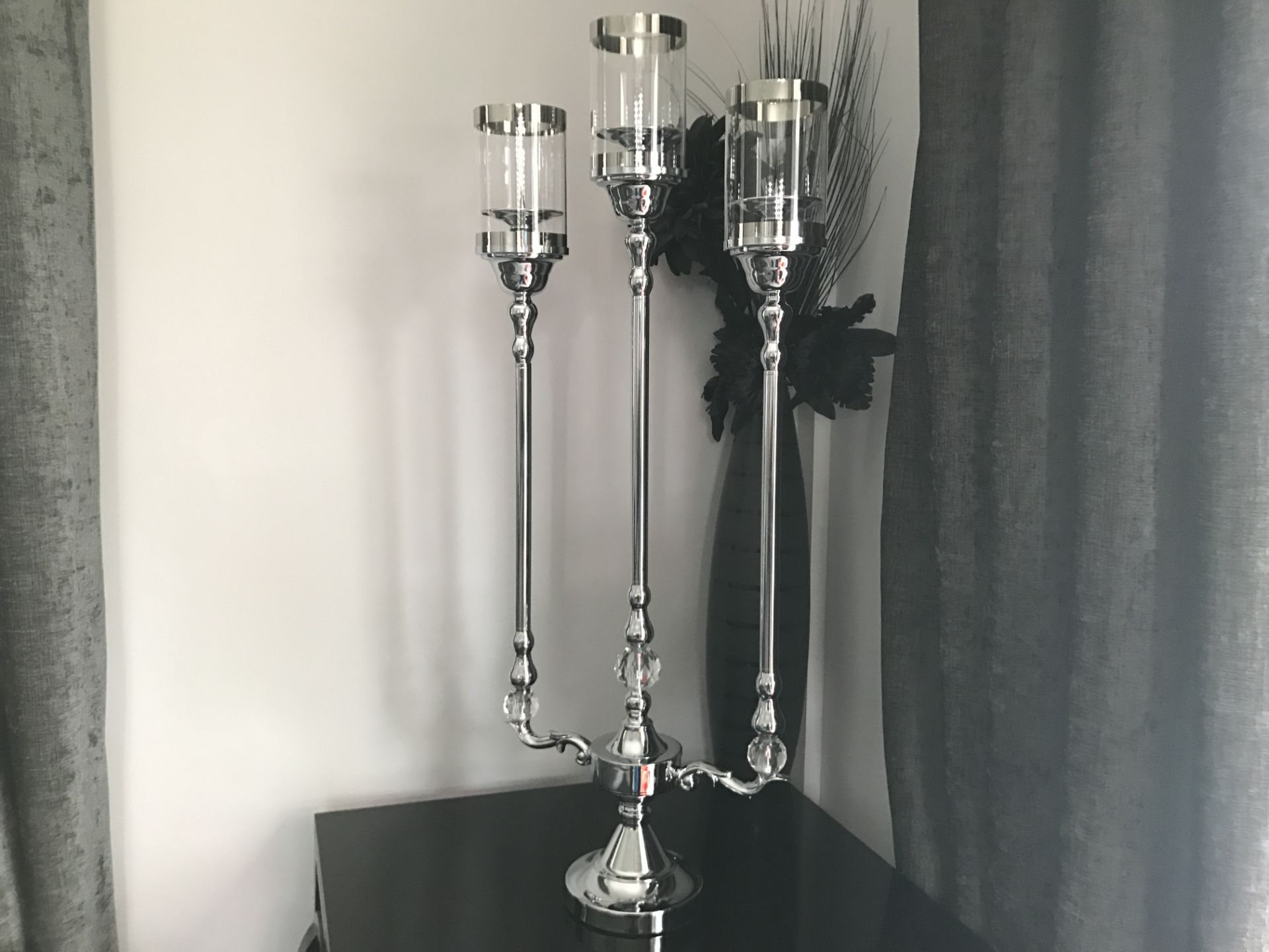 BOXED NEW LARGE DESIGNER GLAZED CHROME 3 BRANCH CANDLESTICK