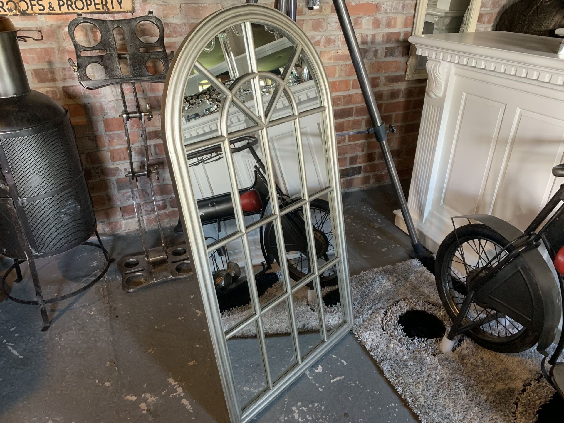 BOXED NEW INDUSTRIAL STYLE ARCH MIRROR IN ANTIQUE SILVER