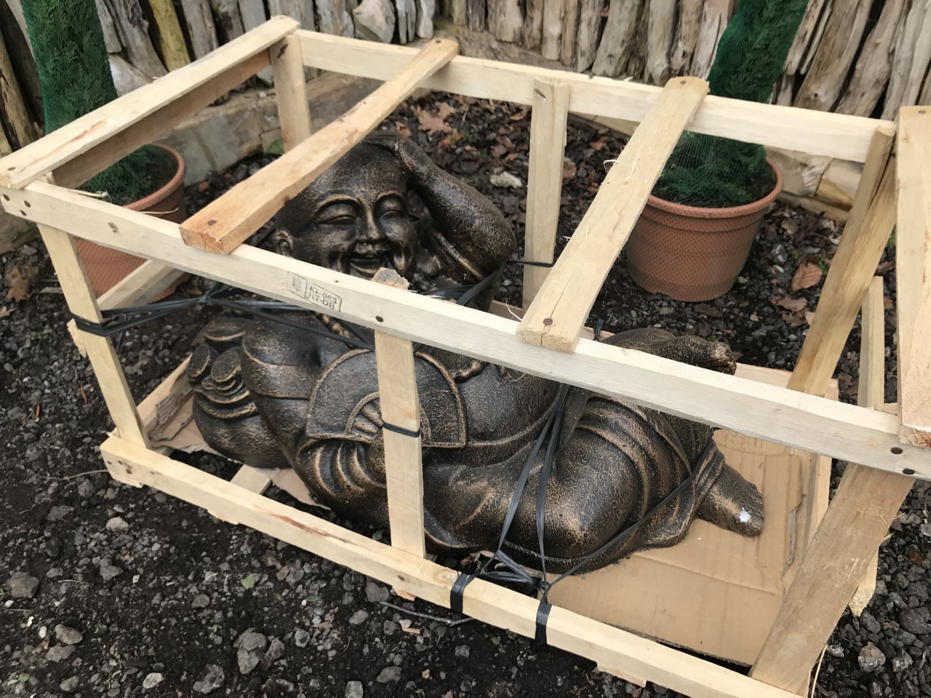 CRATED HAPPY BUDDHA IN BRONZE